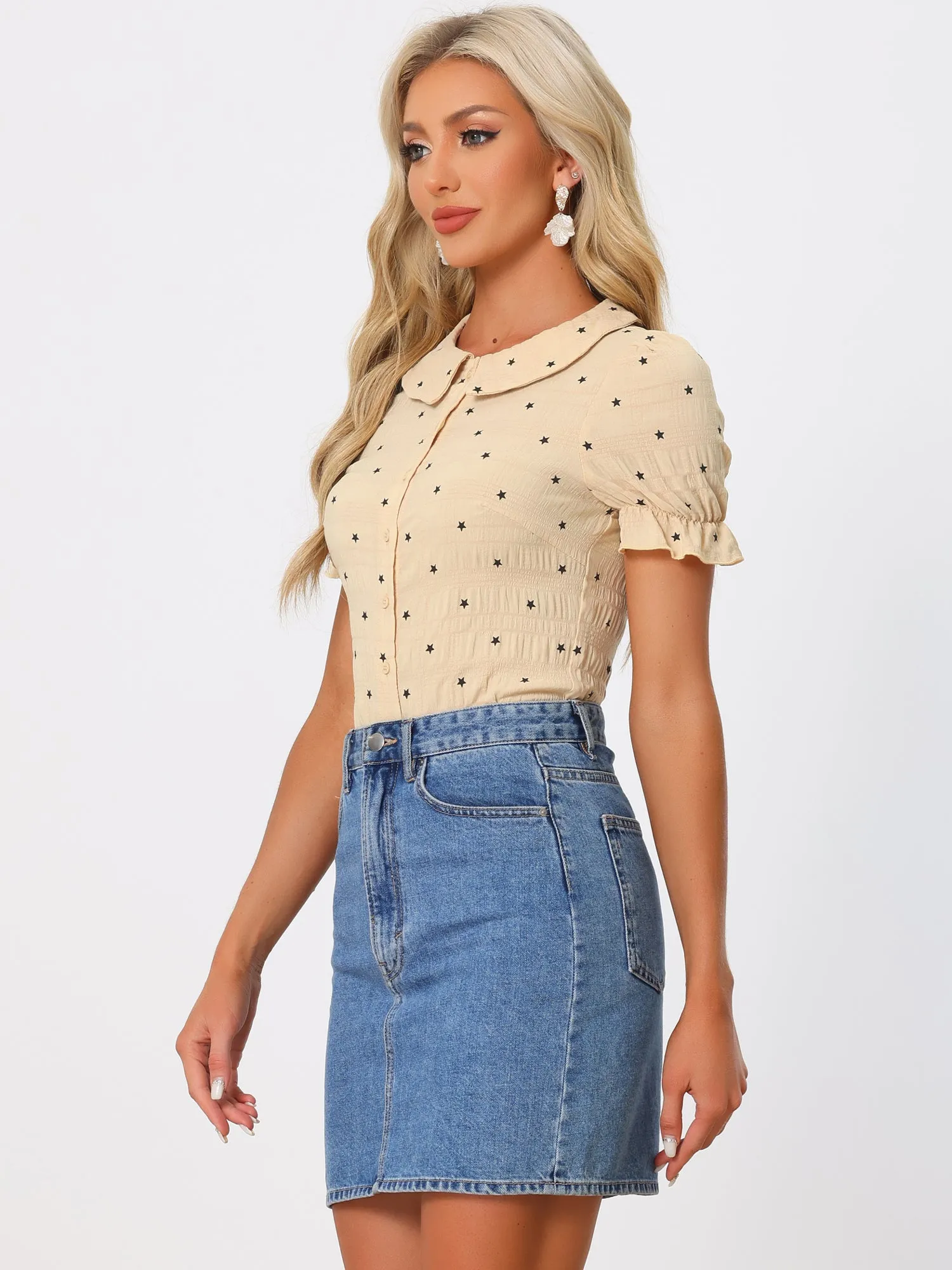 Casual Peter Pan Collar T Shirt Textured Stars Button Down Ruffle Top sold by Allegra K product image thumbnail 2