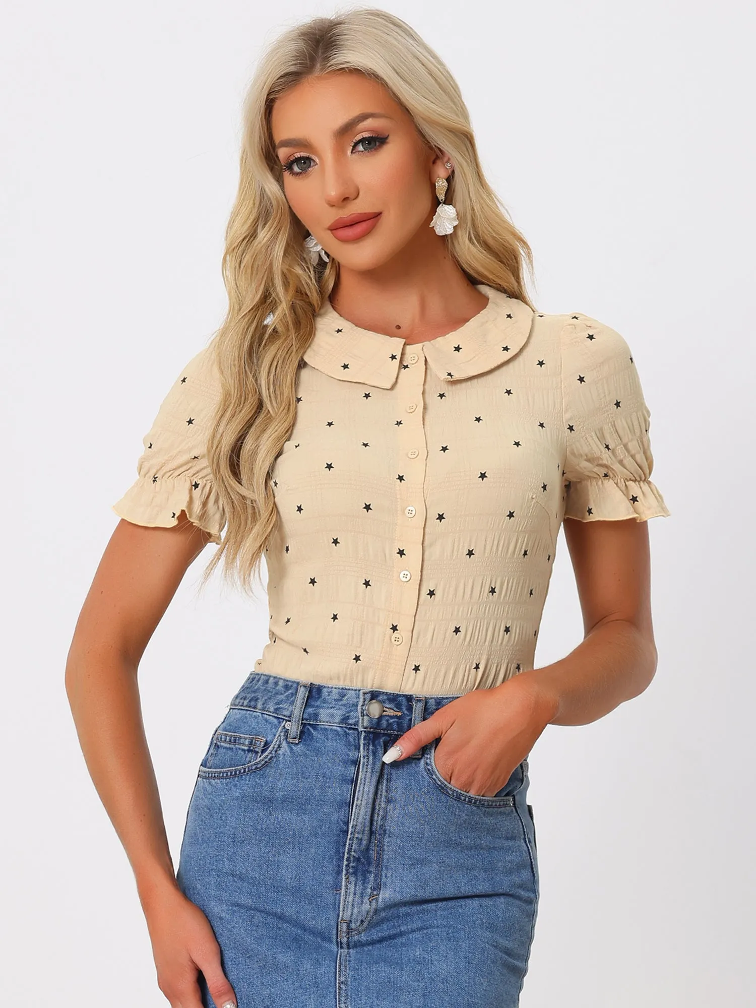 Casual Peter Pan Collar T Shirt Textured Stars Button Down Ruffle Top sold by Allegra K