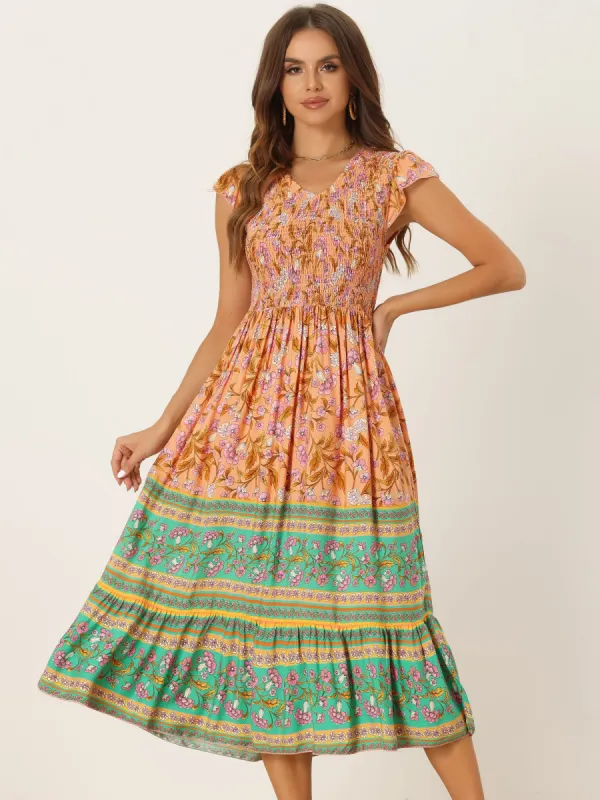 Ruffled Flutter Sleeve Smocked Boho Floral Shirred Midi Dress sold by Allegra K