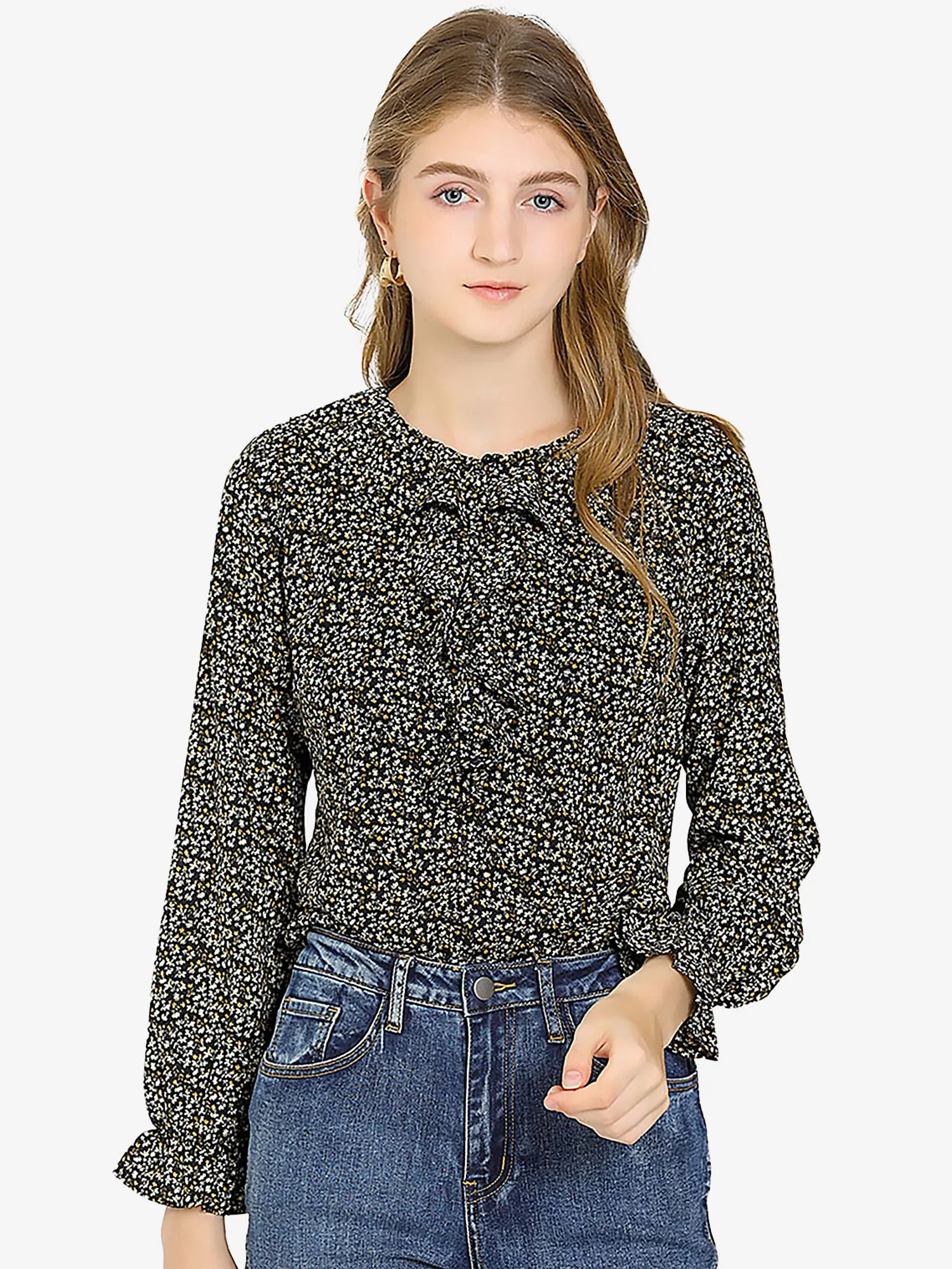 Ditsy Floral Chiffon Long Puff Sleeve Ruffled Neck Front Blouse sold by Allegra K