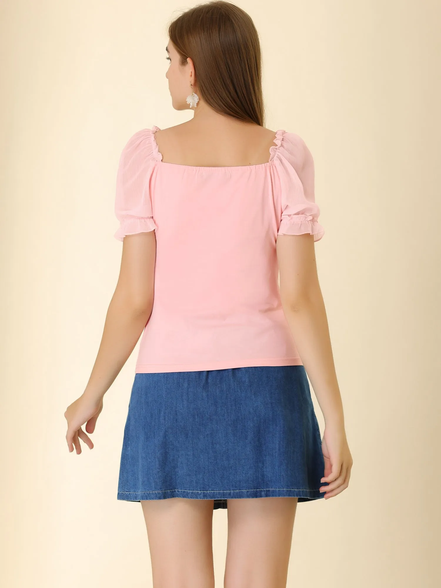 Elegant Square Neck Tops Semi Sheer Puff Sleeve Blouse sold by Allegra K product image thumbnail 4