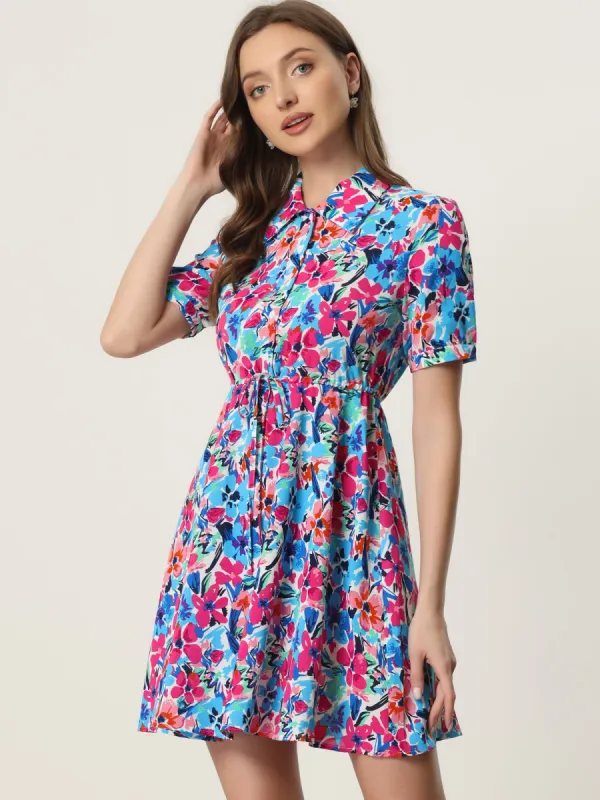 Floral Point Collar Button Up Tie Waist A-Line Mini Dress sold by Allegra K