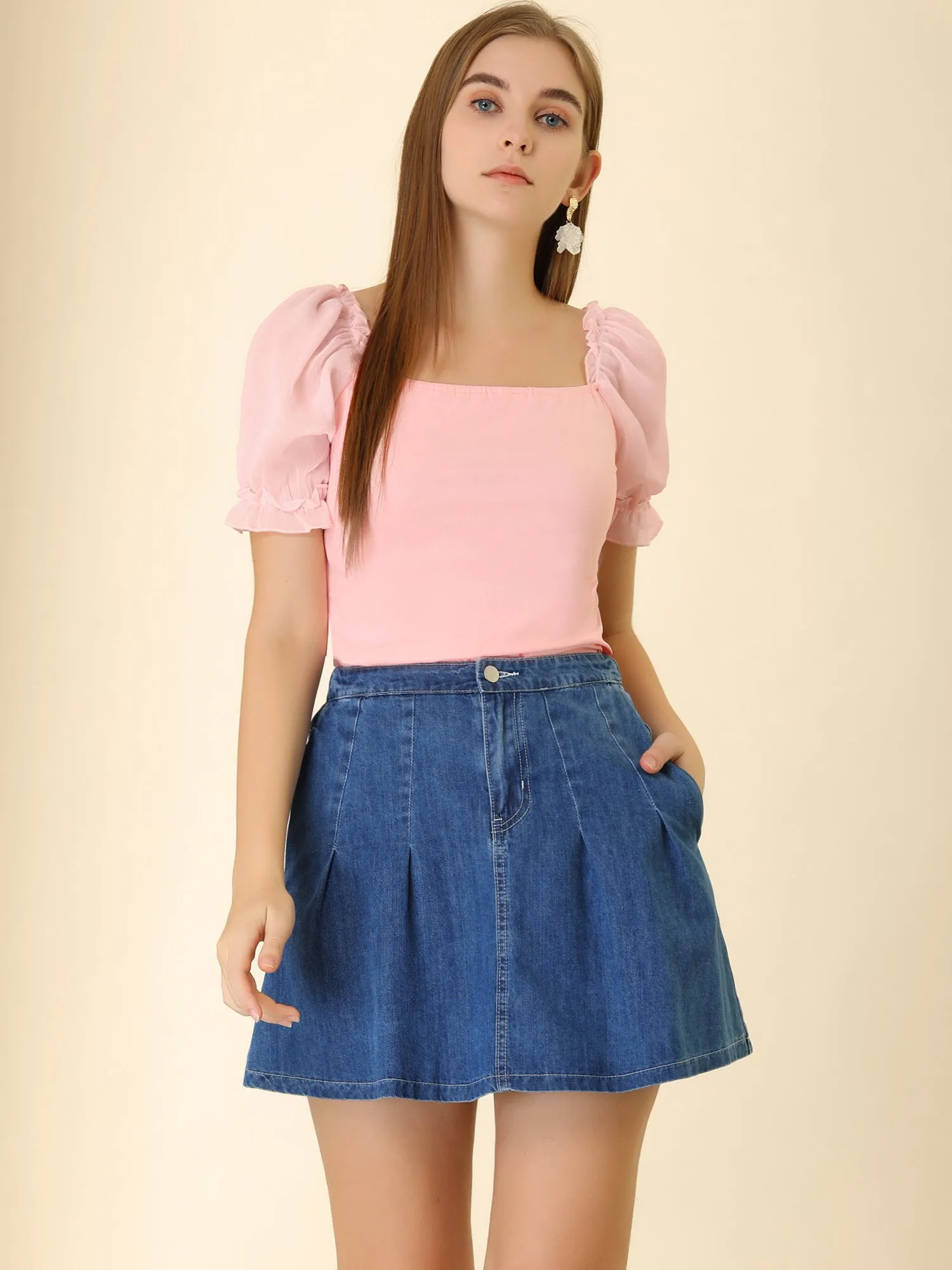 Elegant Square Neck Tops Semi Sheer Puff Sleeve Blouse sold by Allegra K