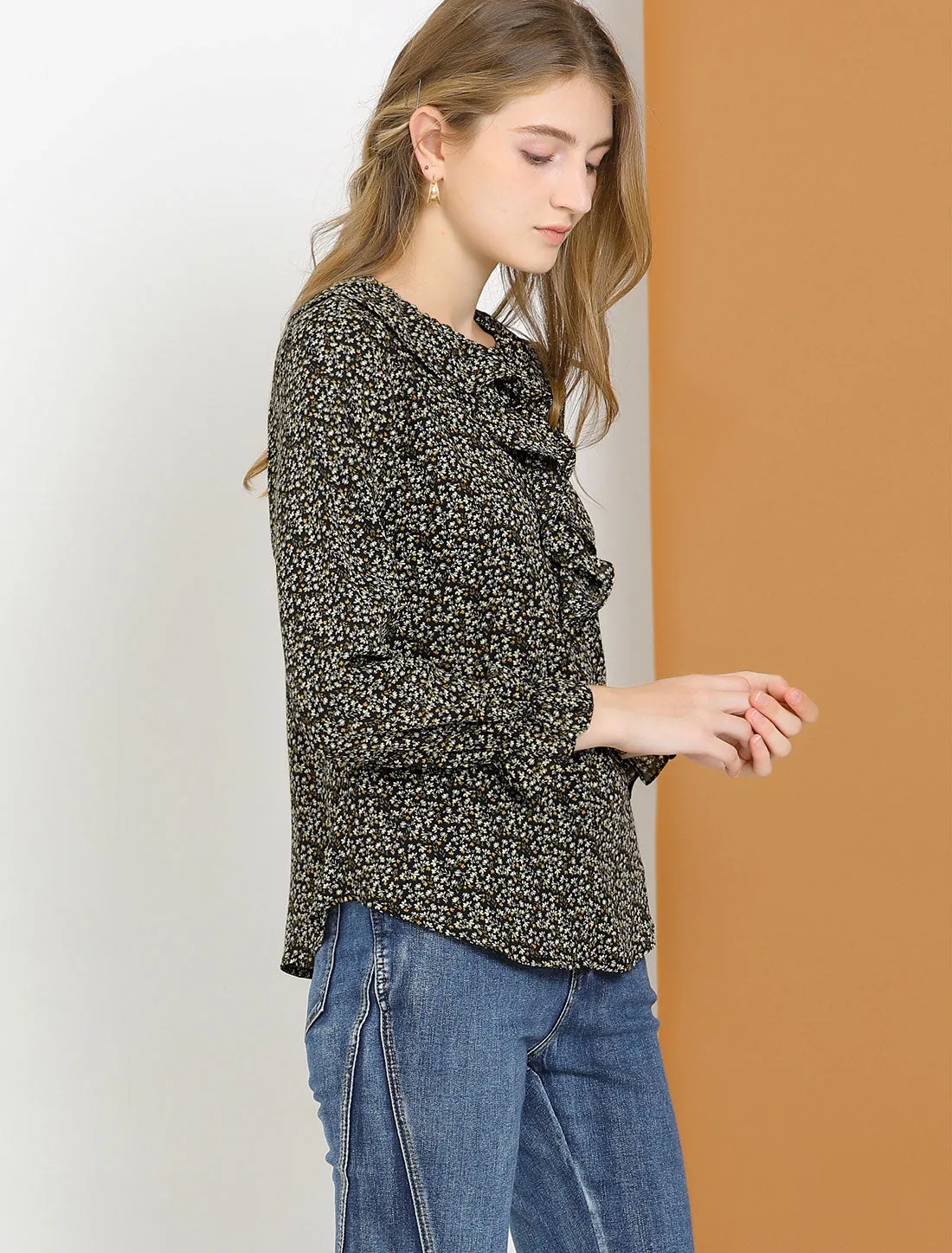 Ditsy Floral Chiffon Long Puff Sleeve Ruffled Neck Front Blouse sold by Allegra K product image thumbnail 4