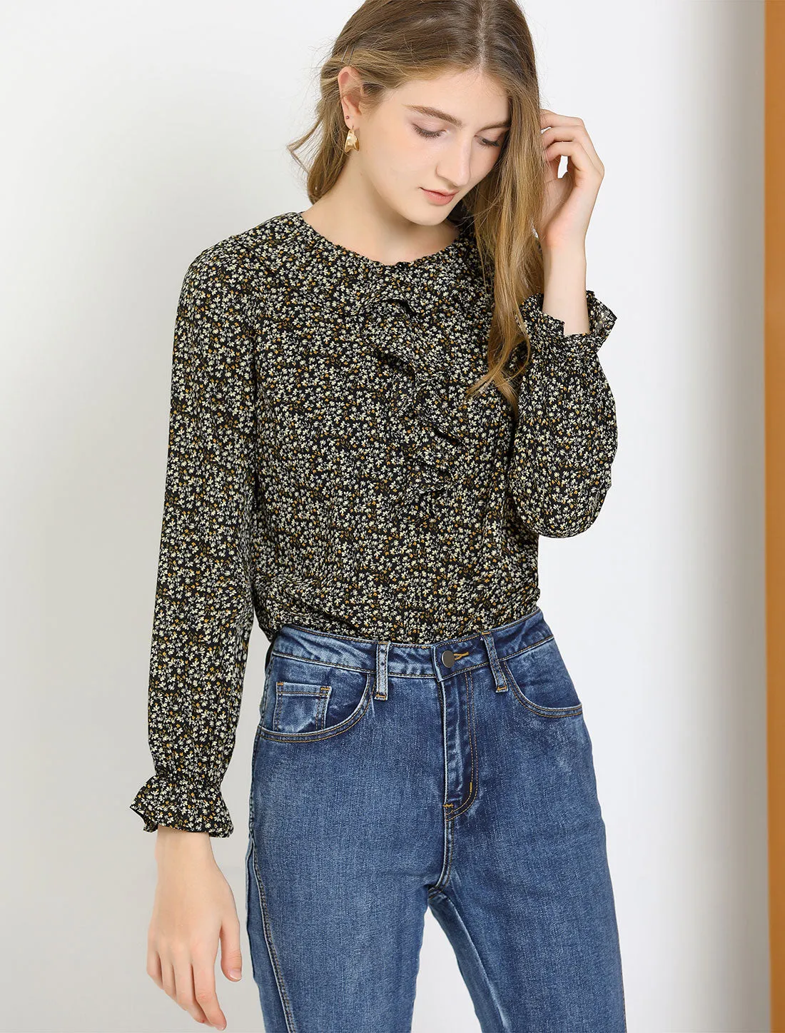 Ditsy Floral Chiffon Long Puff Sleeve Ruffled Neck Front Blouse sold by Allegra K product image thumbnail 3