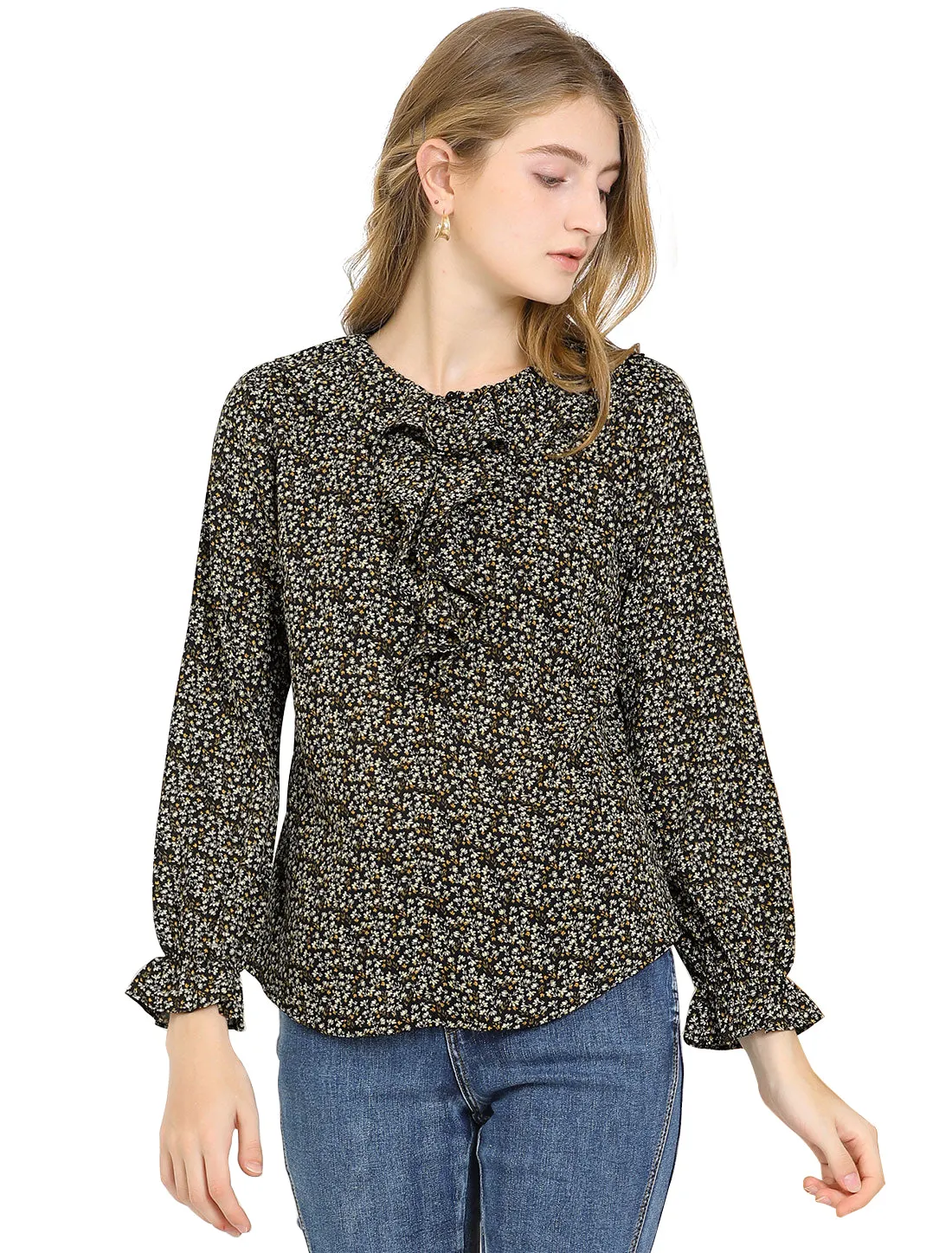 Ditsy Floral Chiffon Long Puff Sleeve Ruffled Neck Front Blouse sold by Allegra K product image thumbnail 2