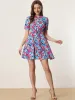 Floral Point Collar Button Up Tie Waist A-Line Mini Dress sold by Allegra K