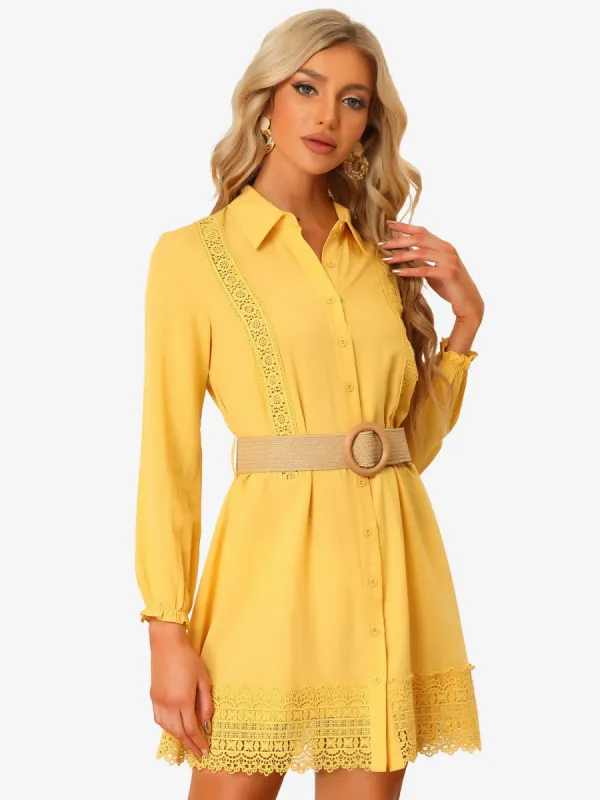 Boho Lace Button Front Long Sleeve Mini Shirt Dress sold by Allegra K