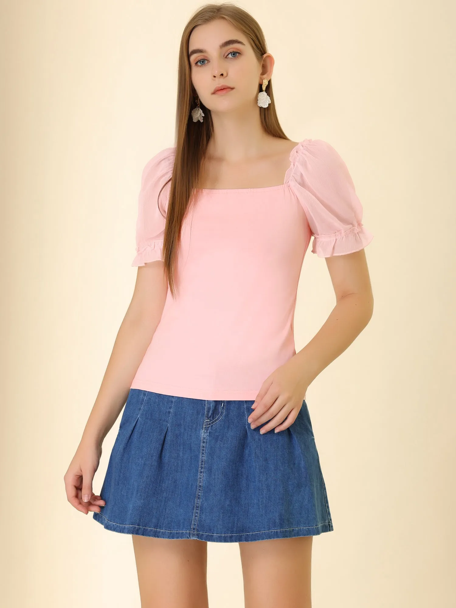 Elegant Square Neck Tops Semi Sheer Puff Sleeve Blouse sold by Allegra K product image thumbnail 2