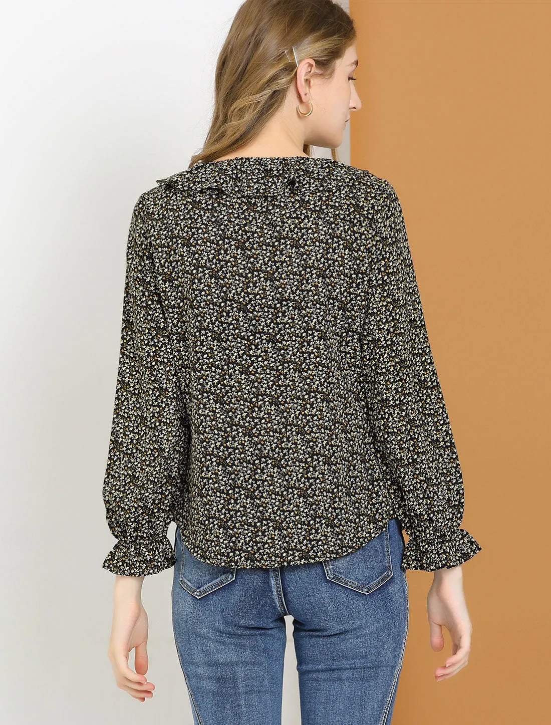 Ditsy Floral Chiffon Long Puff Sleeve Ruffled Neck Front Blouse sold by Allegra K product image thumbnail 5