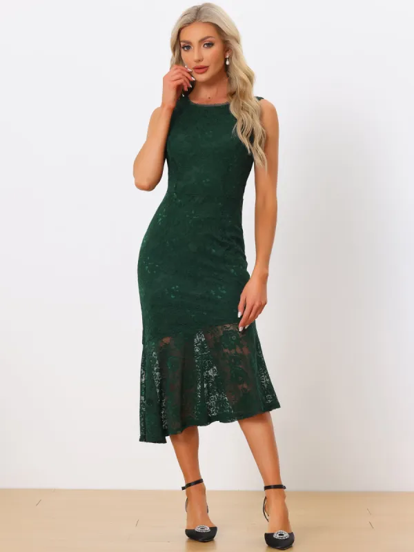 Sleeveless Lace Cocktail Asymmetric Hem Ruffle Sheath Fishtail Midi Dress sold by Allegra K