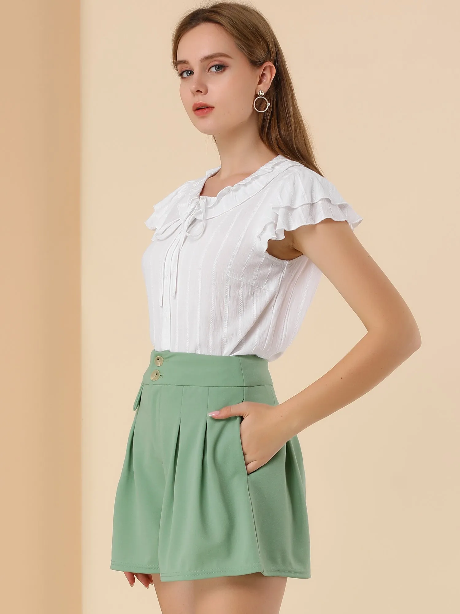 Wide Leg Pleated Button Front High Waist Summer Shorts sold by Allegra K product image thumbnail 4