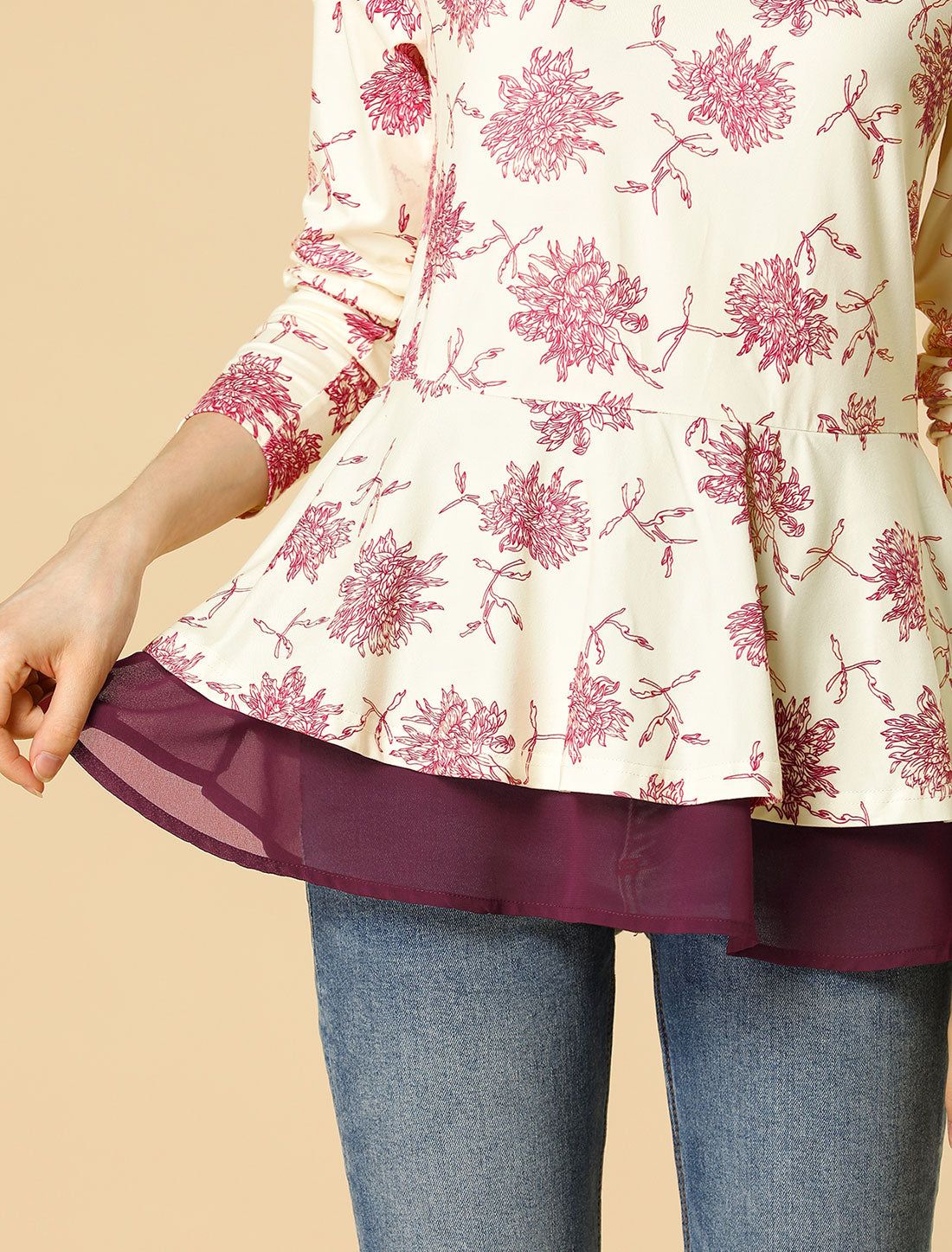 Chrysanthemum Floral V Neck Mesh Ruffle Hem Peplum Top sold by Allegra K product image thumbnail 5