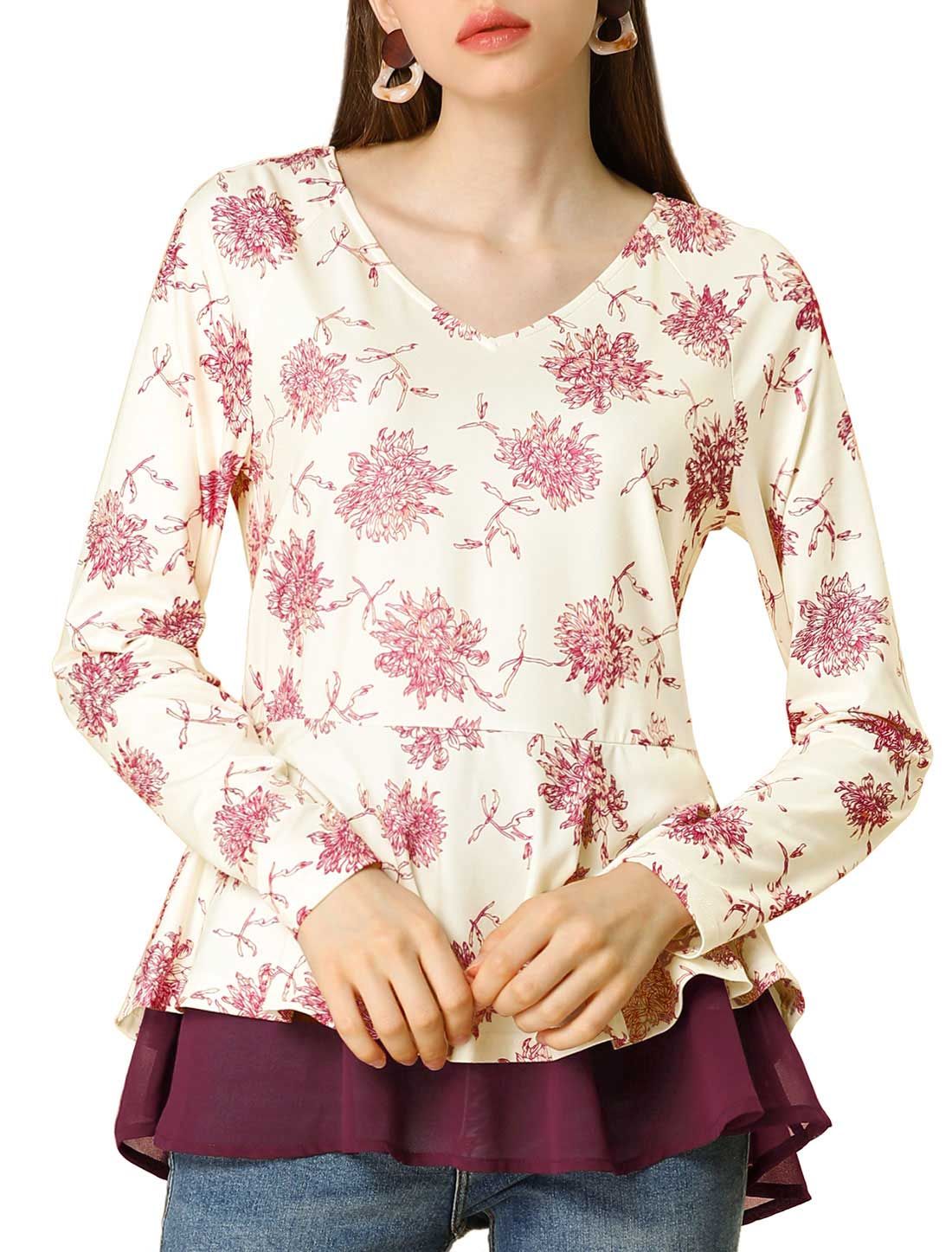 Chrysanthemum Floral V Neck Mesh Ruffle Hem Peplum Top sold by Allegra K product image thumbnail 3