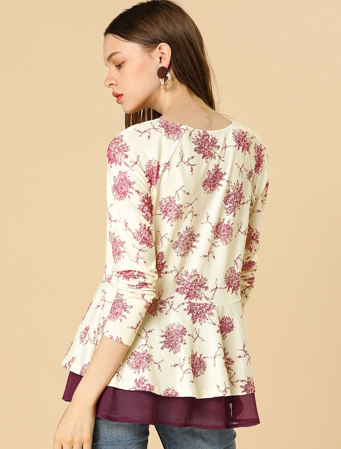 Chrysanthemum Floral V Neck Mesh Ruffle Hem Peplum Top sold by Allegra K product image thumbnail 2