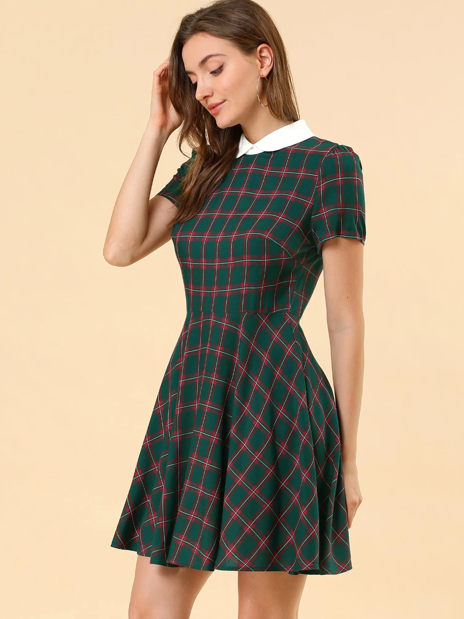 Plaid Grid Peter Pan Collar Contrast Short Sleeve A-line Dress sold by Allegra K product image thumbnail 4