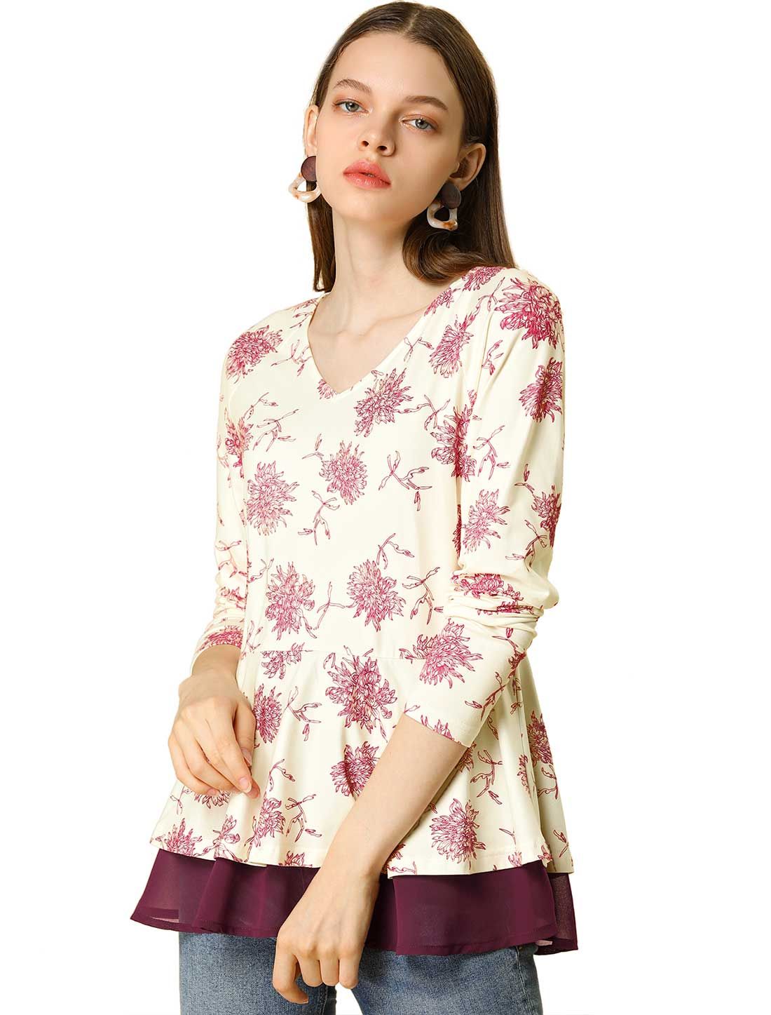Chrysanthemum Floral V Neck Mesh Ruffle Hem Peplum Top sold by Allegra K product image thumbnail 4