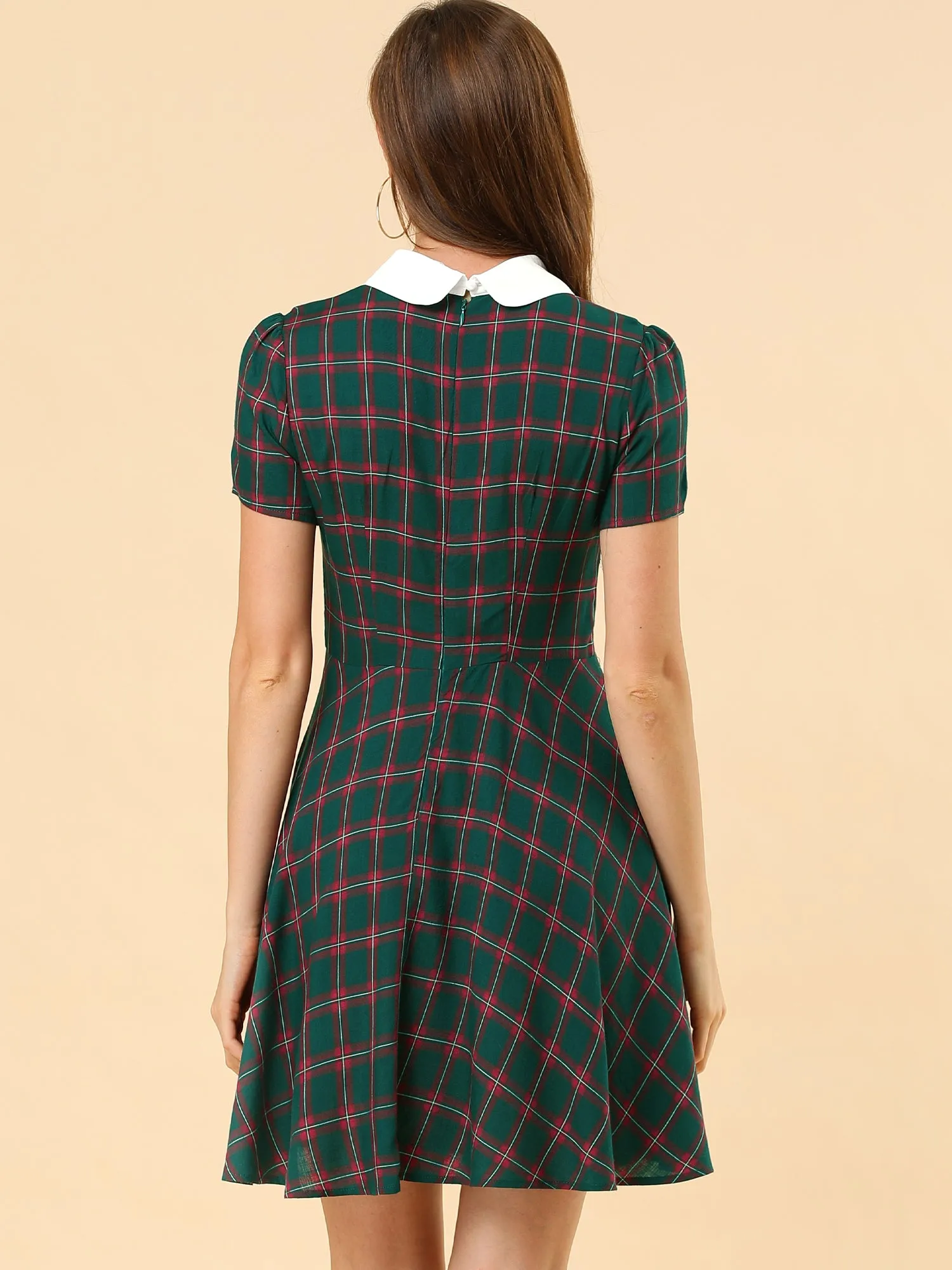 Plaid Grid Peter Pan Collar Contrast Short Sleeve A-line Dress sold by Allegra K product image thumbnail 5