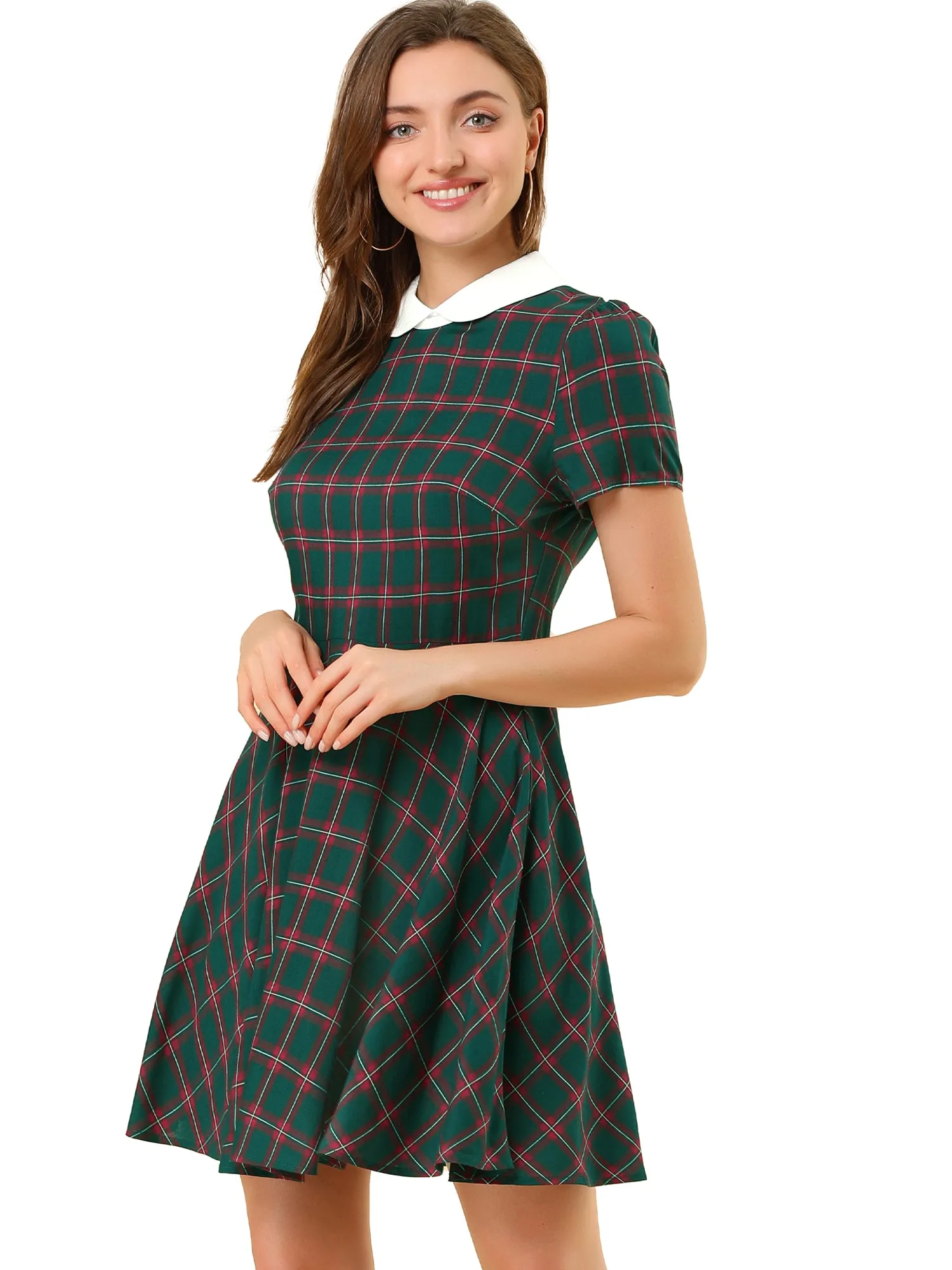Plaid Grid Peter Pan Collar Contrast Short Sleeve A-line Dress sold by Allegra K product image thumbnail 3