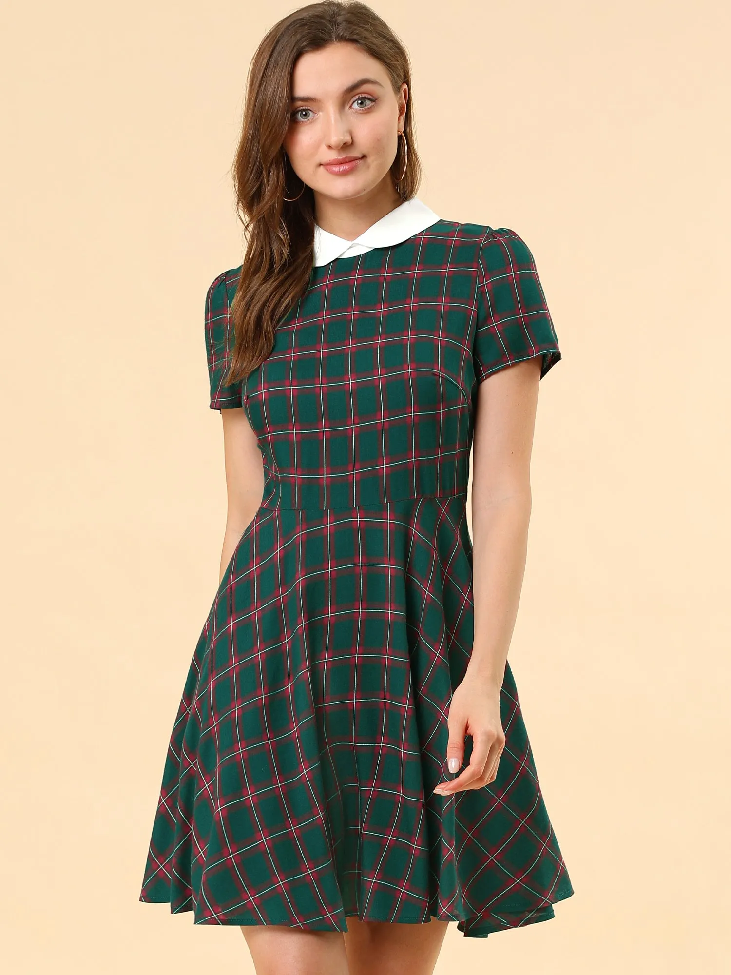 Plaid Grid Peter Pan Collar Contrast Short Sleeve A-line Dress sold by Allegra K product image thumbnail 2