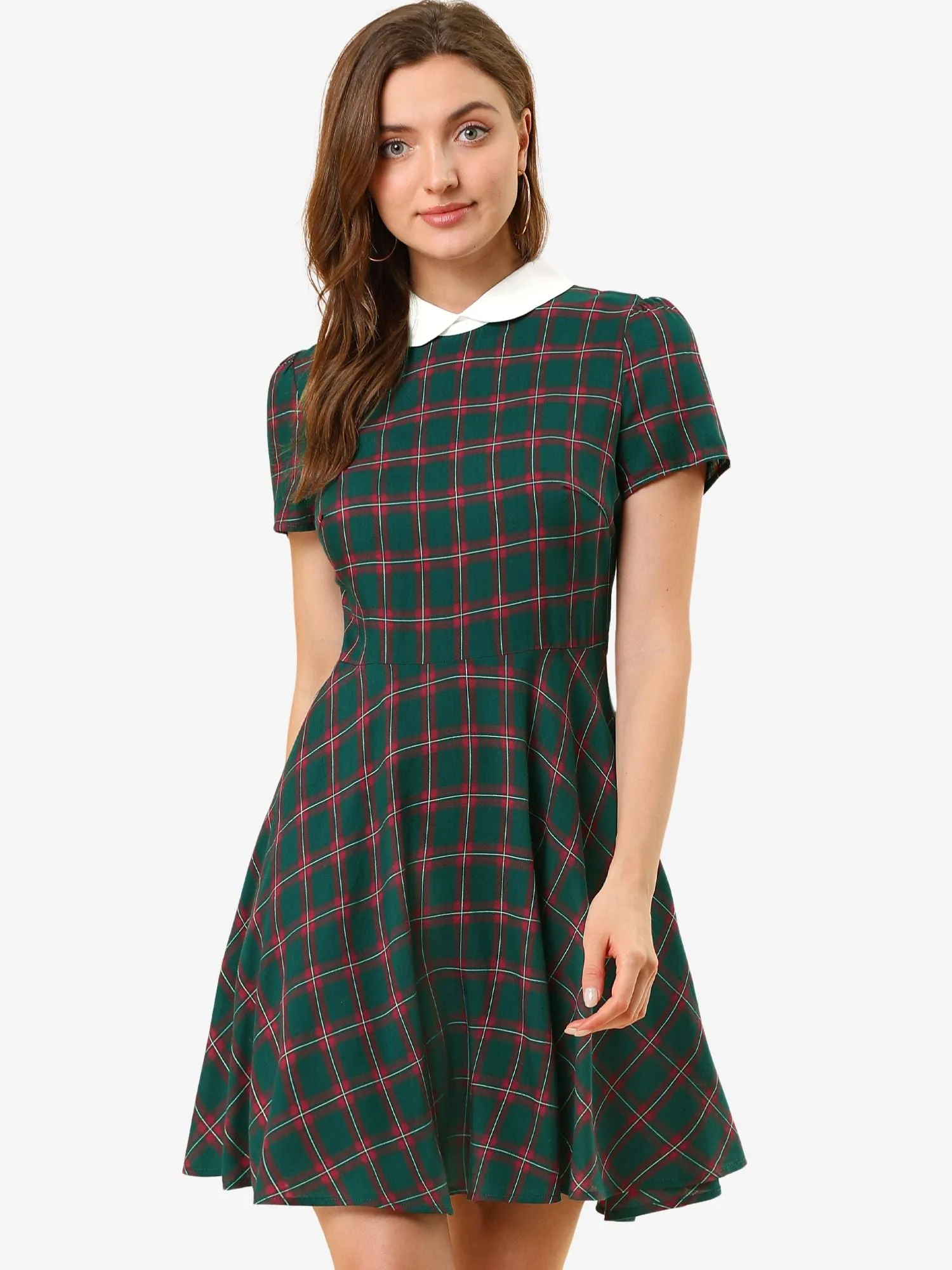 Plaid Grid Peter Pan Collar Contrast Short Sleeve A-line Dress sold by Allegra K