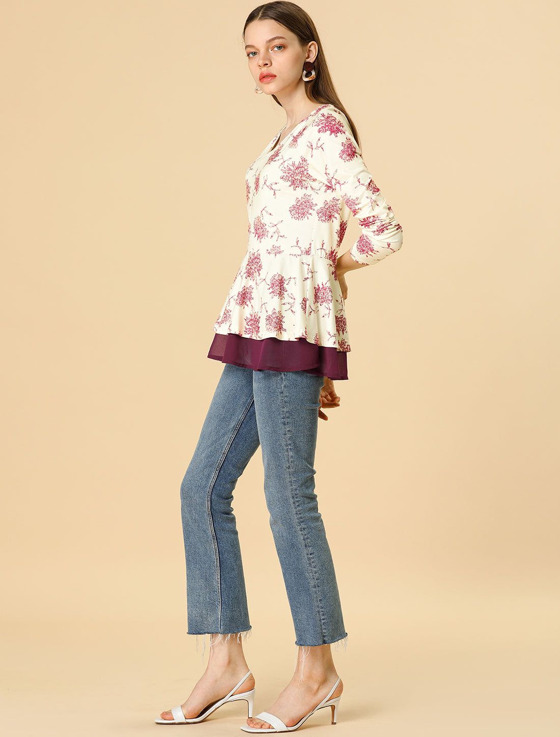 Chrysanthemum Floral V Neck Mesh Ruffle Hem Peplum Top sold by Allegra K