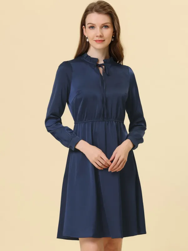Satin Long Sleeve Ruffle Tie Neck Silky A-line Dress sold by Allegra K