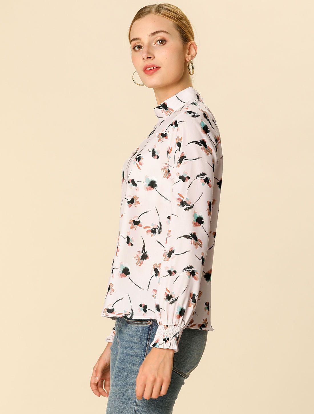 Mock Neck Smocked Long Sleeve Pullover Floral Top Blouse sold by Allegra K product image thumbnail 3