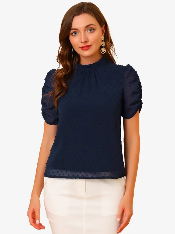 Swiss Dot Chiffon Puff Short Sleeves High Neck Blouse sold by Allegra K