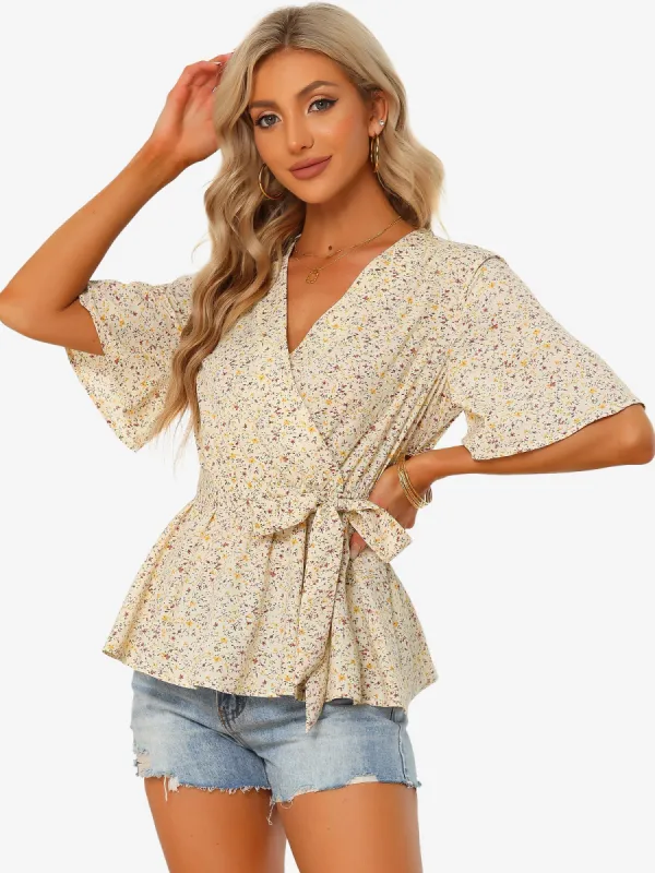 Floral Blouse V Neck Tie Waist Faux Wrap Peplum Top sold by Allegra K