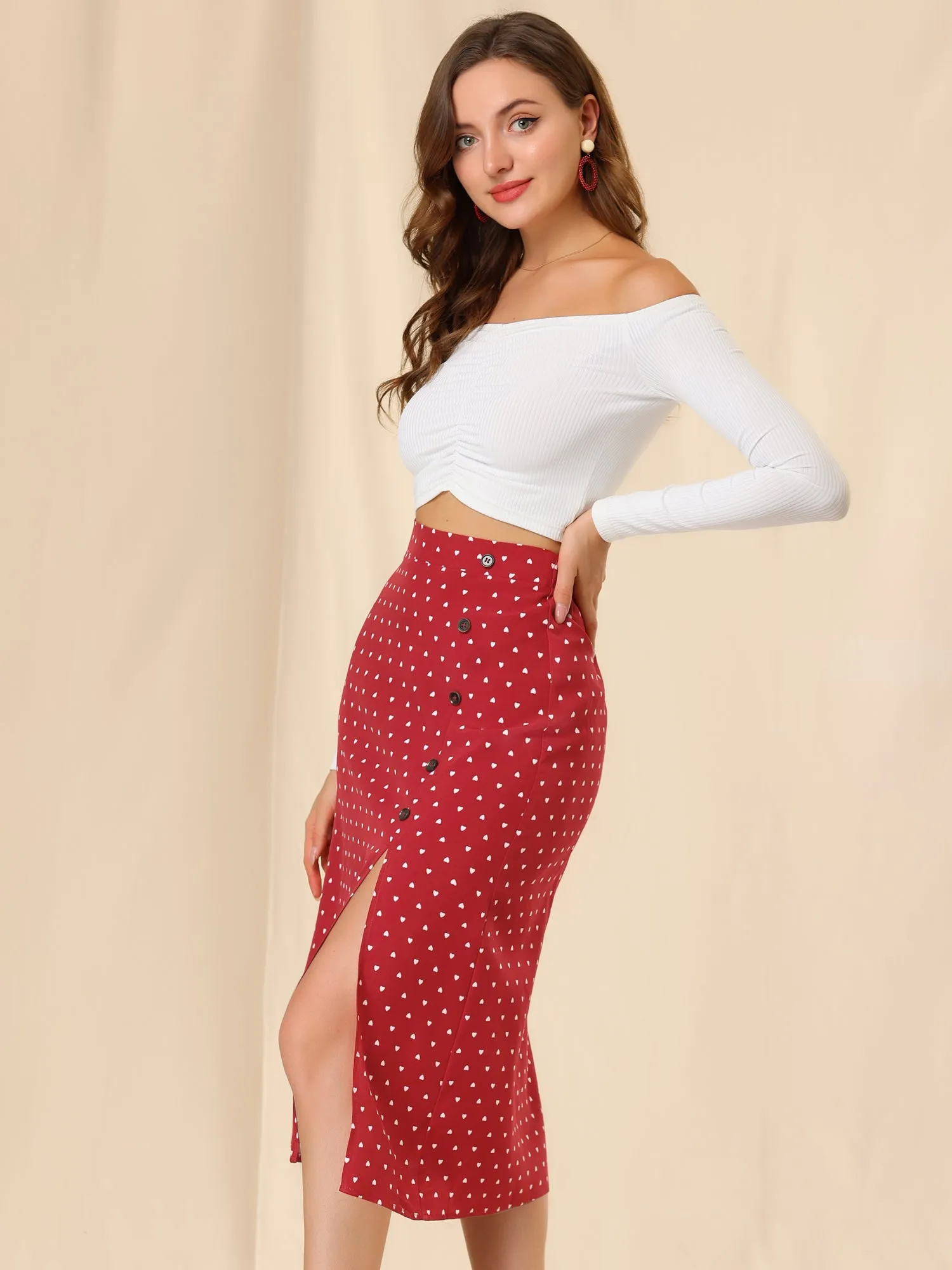 Vintage Button Decor Midi Heart Split Pencil Skirt sold by Allegra K product image thumbnail 3