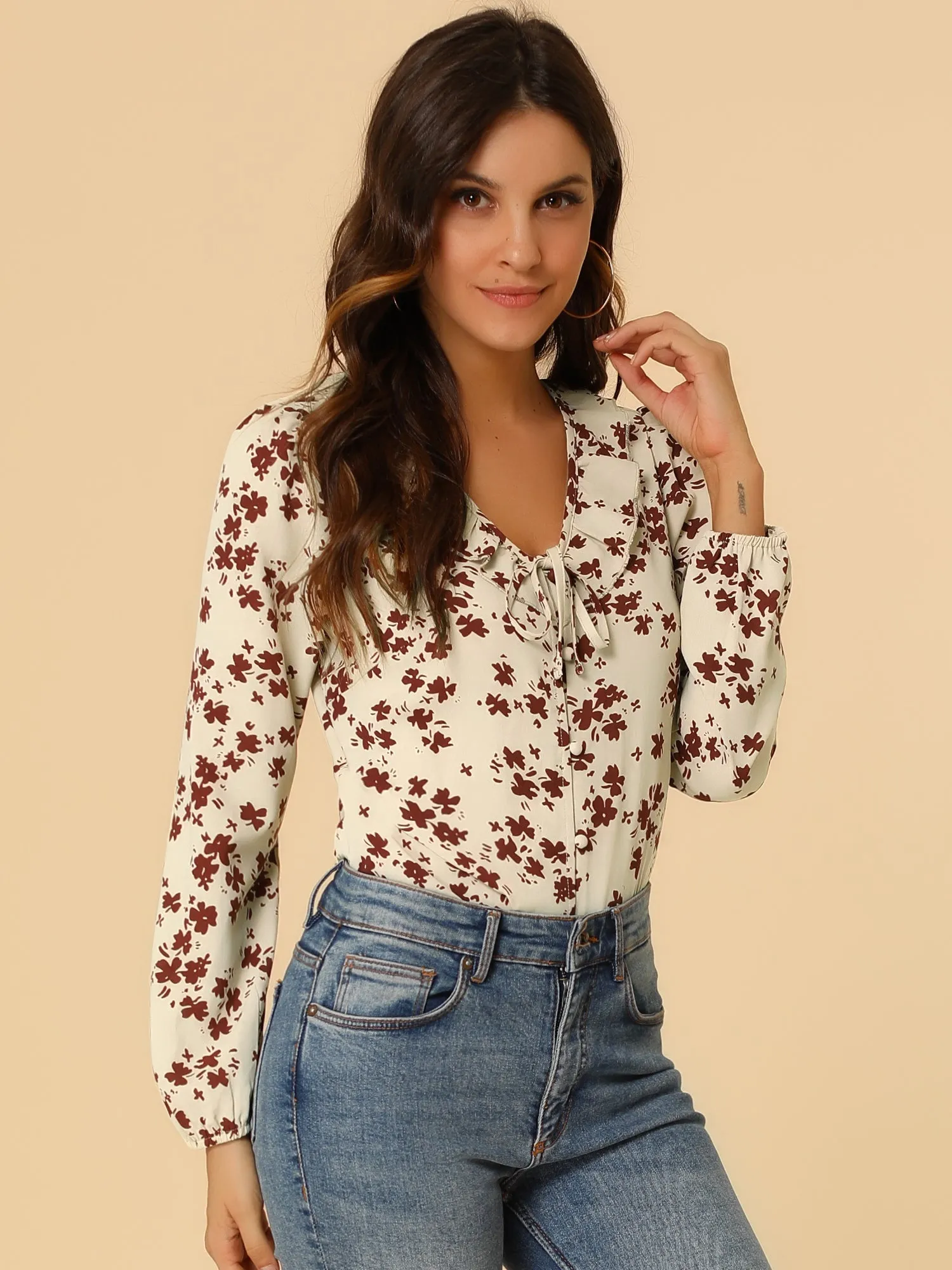 Vintage Tie V Neck Ruffle Shirt Fall Floral Long Sleeve Blouse sold by Allegra K product image thumbnail 3