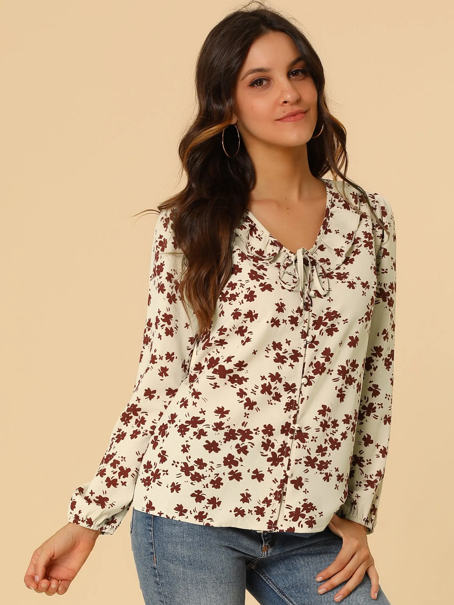 Vintage Tie V Neck Ruffle Shirt Fall Floral Long Sleeve Blouse sold by Allegra K product image thumbnail 2