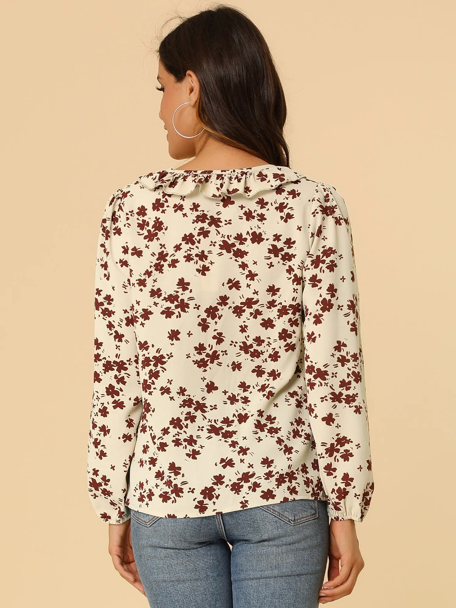 Vintage Tie V Neck Ruffle Shirt Fall Floral Long Sleeve Blouse sold by Allegra K product image thumbnail 5