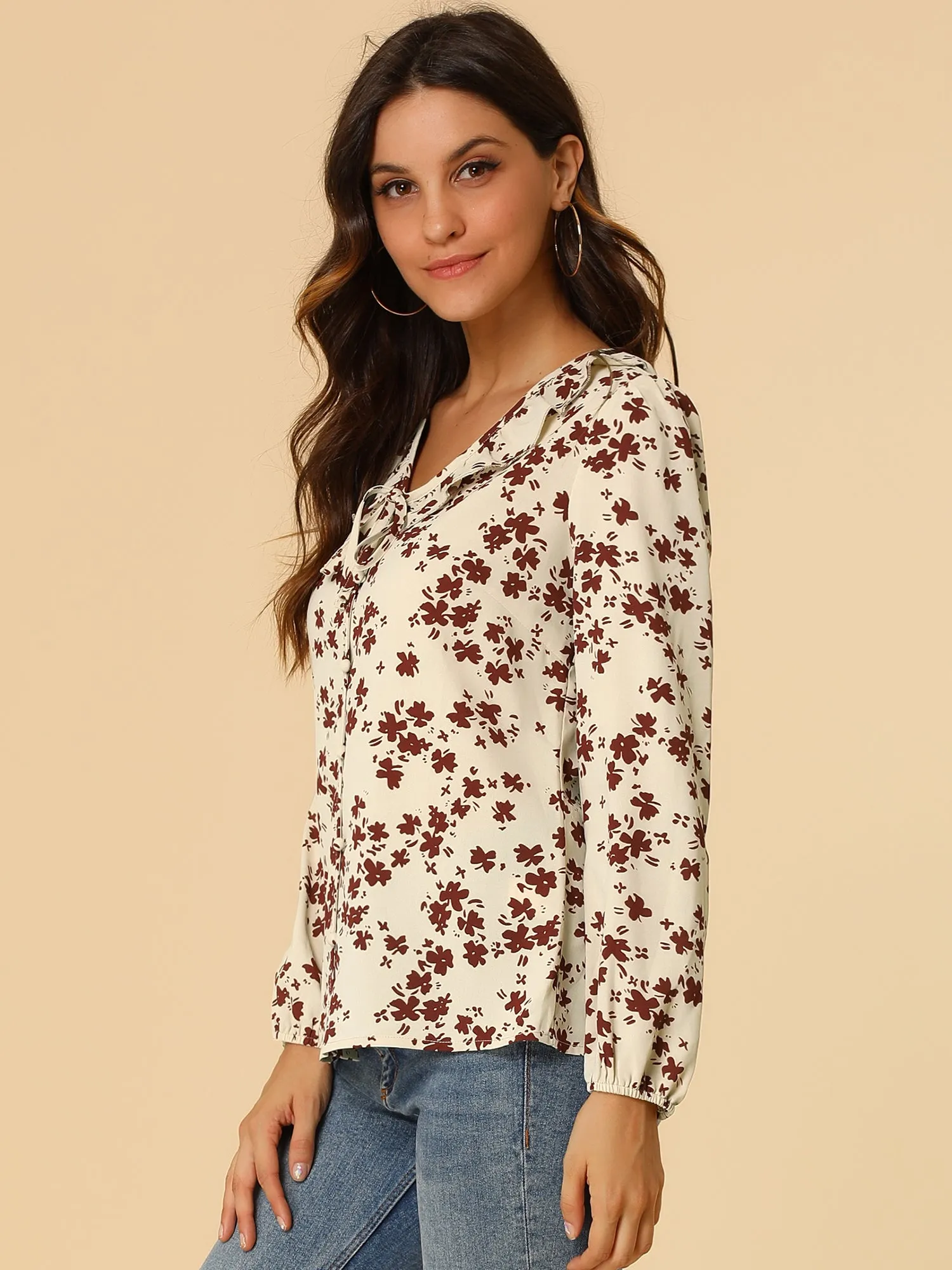 Vintage Tie V Neck Ruffle Shirt Fall Floral Long Sleeve Blouse sold by Allegra K product image thumbnail 4