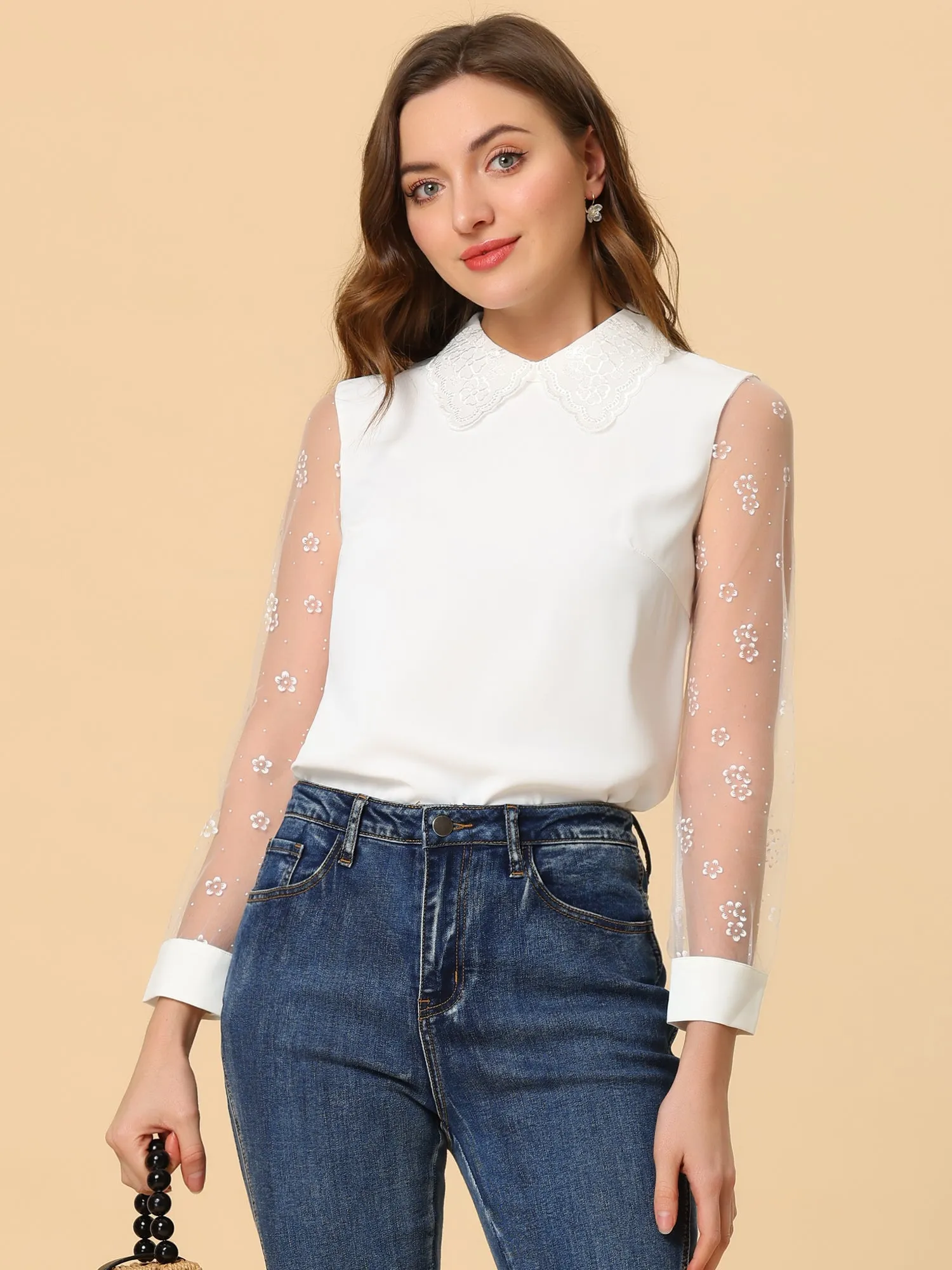 Sheer Mesh Long Sleeve Floral Elegant Crochet Collar Blouse sold by Allegra K product image thumbnail 2