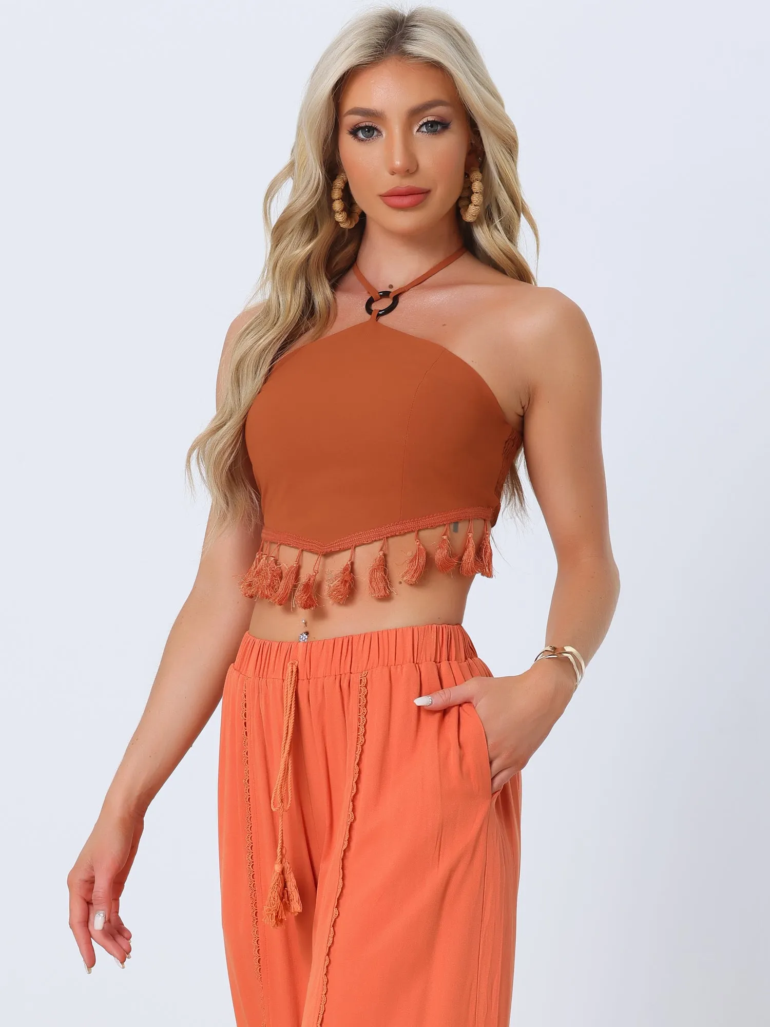 Halter Top Keyhloe Front Y2K Corset Tie Backless Smocked Back Boho Tassel Crop Top sold by Allegra K product image thumbnail 4