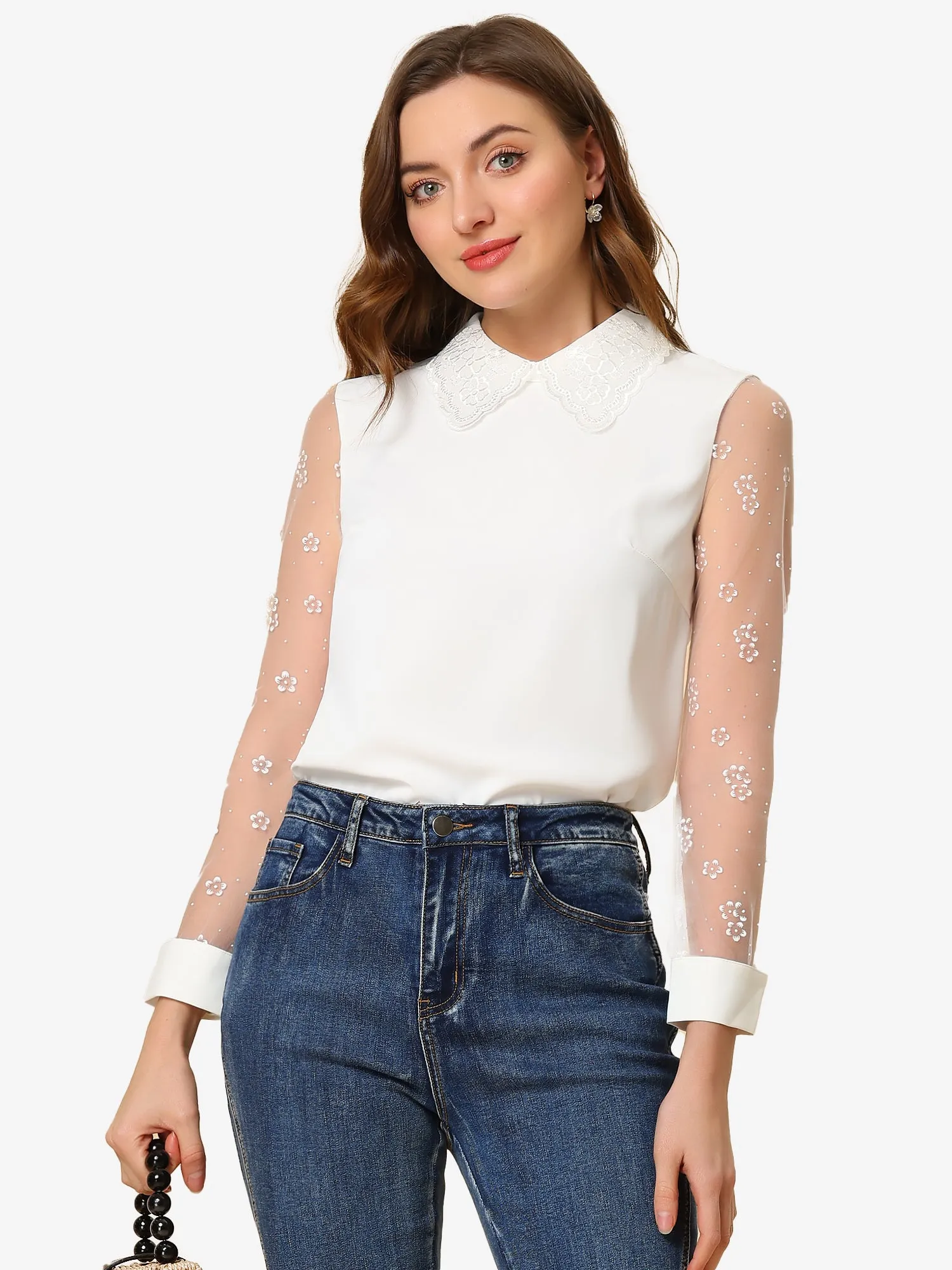 Sheer Mesh Long Sleeve Floral Elegant Crochet Collar Blouse sold by Allegra K