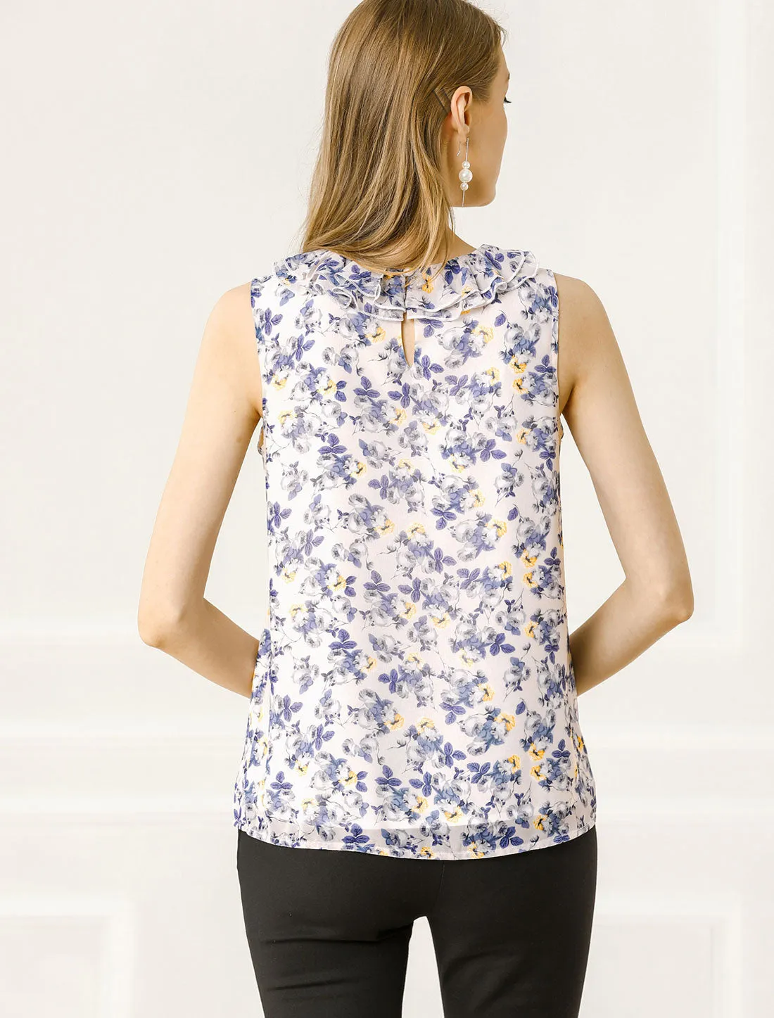 Floral Blouse Ruffle Round Neck Cami Tank Chiffon Sleeveless Top sold by Allegra K product image thumbnail 4