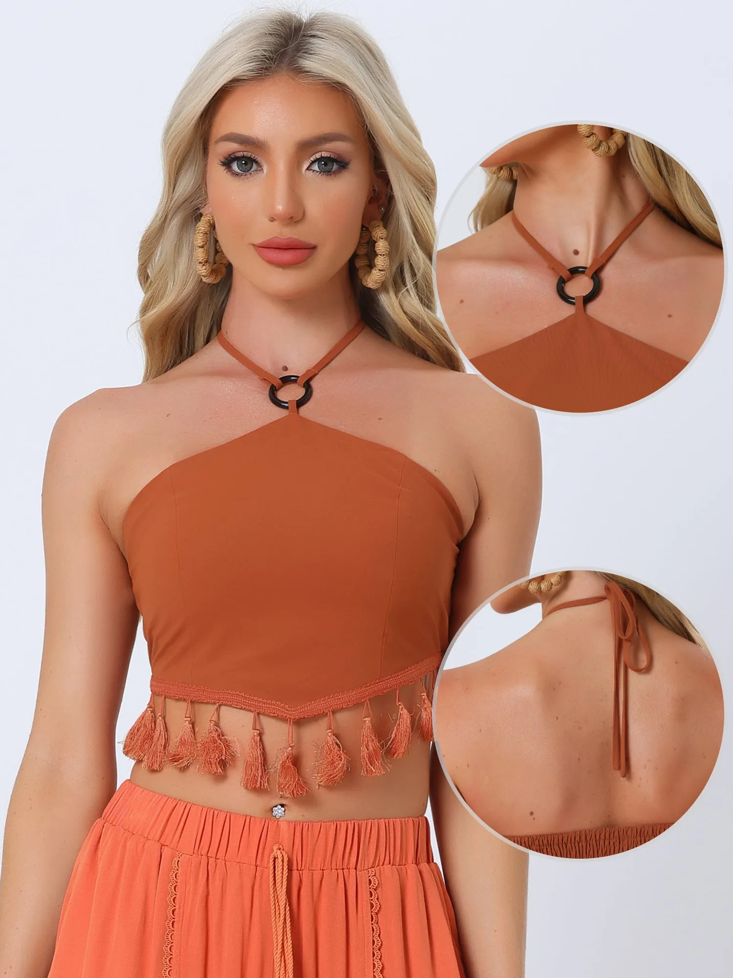 Halter Top Keyhloe Front Y2K Corset Tie Backless Smocked Back Boho Tassel Crop Top sold by Allegra K product image thumbnail 2