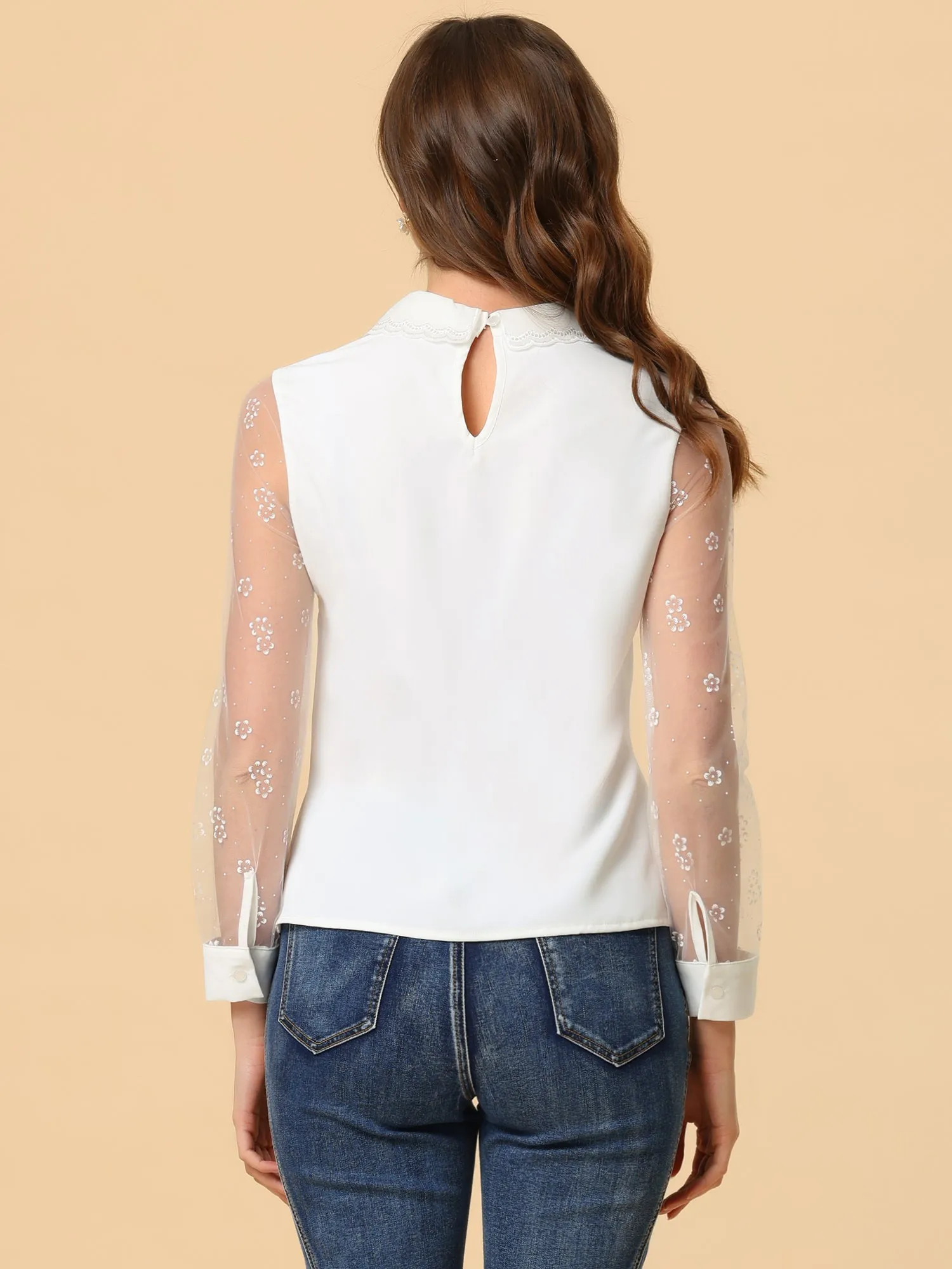 Sheer Mesh Long Sleeve Floral Elegant Crochet Collar Blouse sold by Allegra K product image thumbnail 4