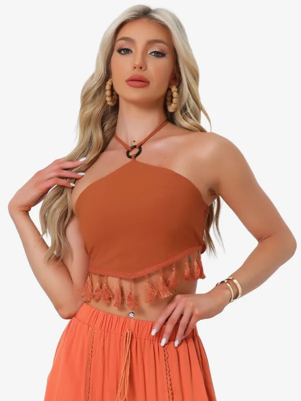 Halter Top Keyhloe Front Y2K Corset Tie Backless Smocked Back Boho Tassel Crop Top sold by Allegra K