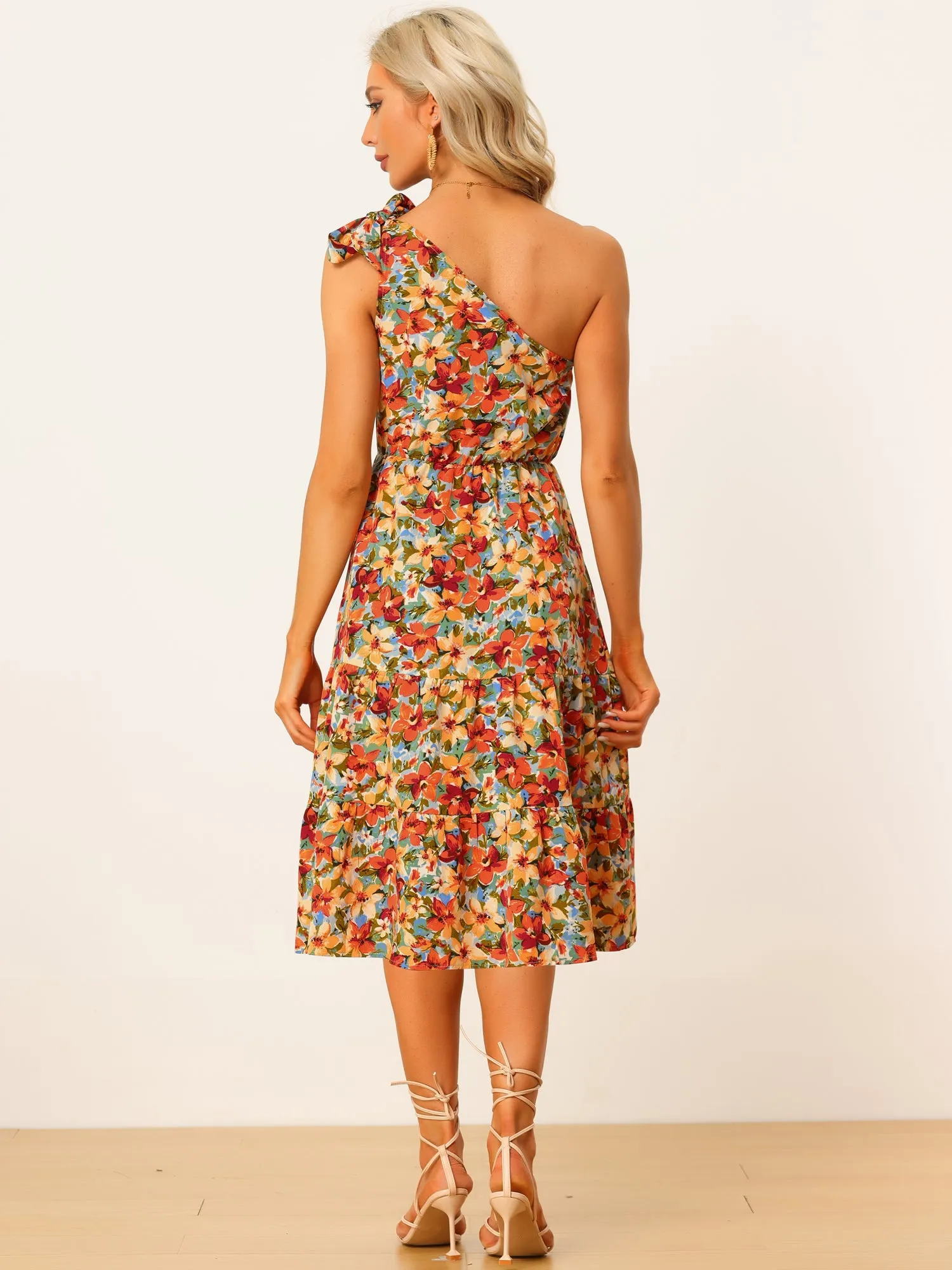 One Shoulder Summer Sleeveless Tiered Boho Floral Midi Dress Sundress sold by Allegra K product image thumbnail 3