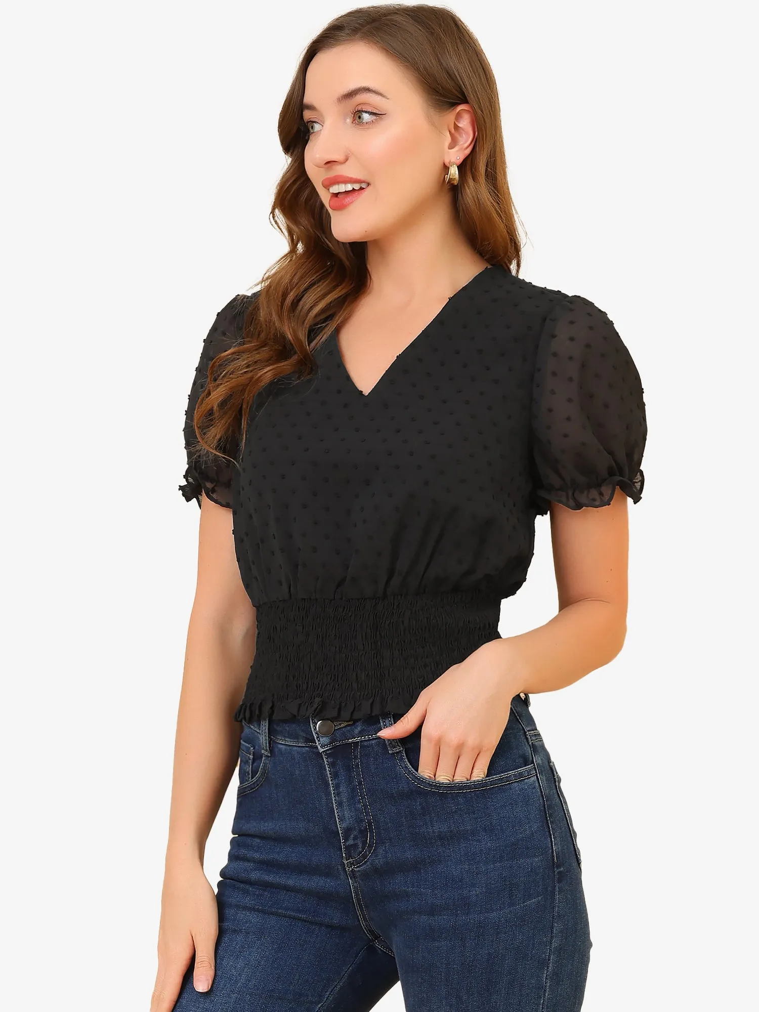 V Neck Short Puff Sleeve Swiss Dots Smocked Waist Summer Tops sold by Allegra K