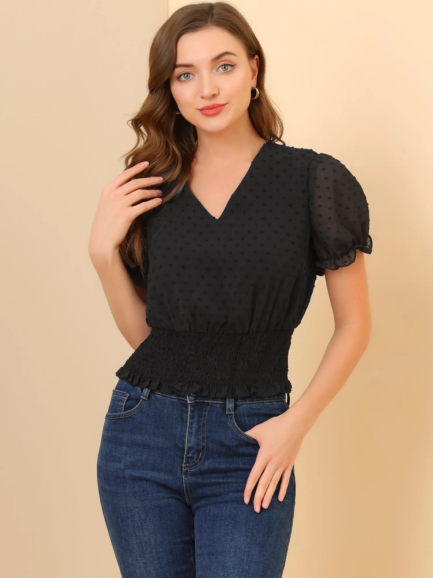 V Neck Short Puff Sleeve Swiss Dots Smocked Waist Summer Tops sold by Allegra K product image thumbnail 4