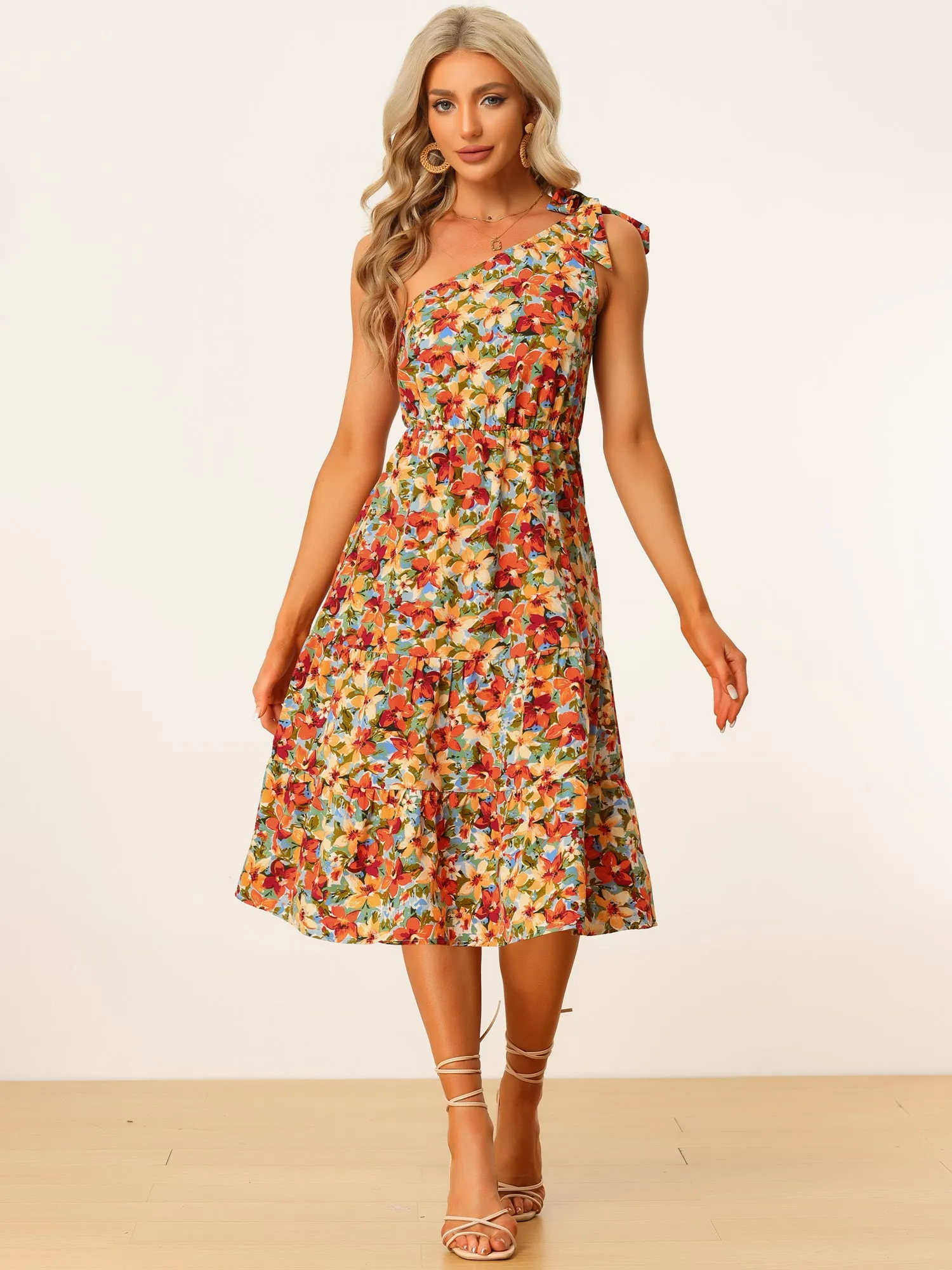 One Shoulder Summer Sleeveless Tiered Boho Floral Midi Dress Sundress sold by Allegra K