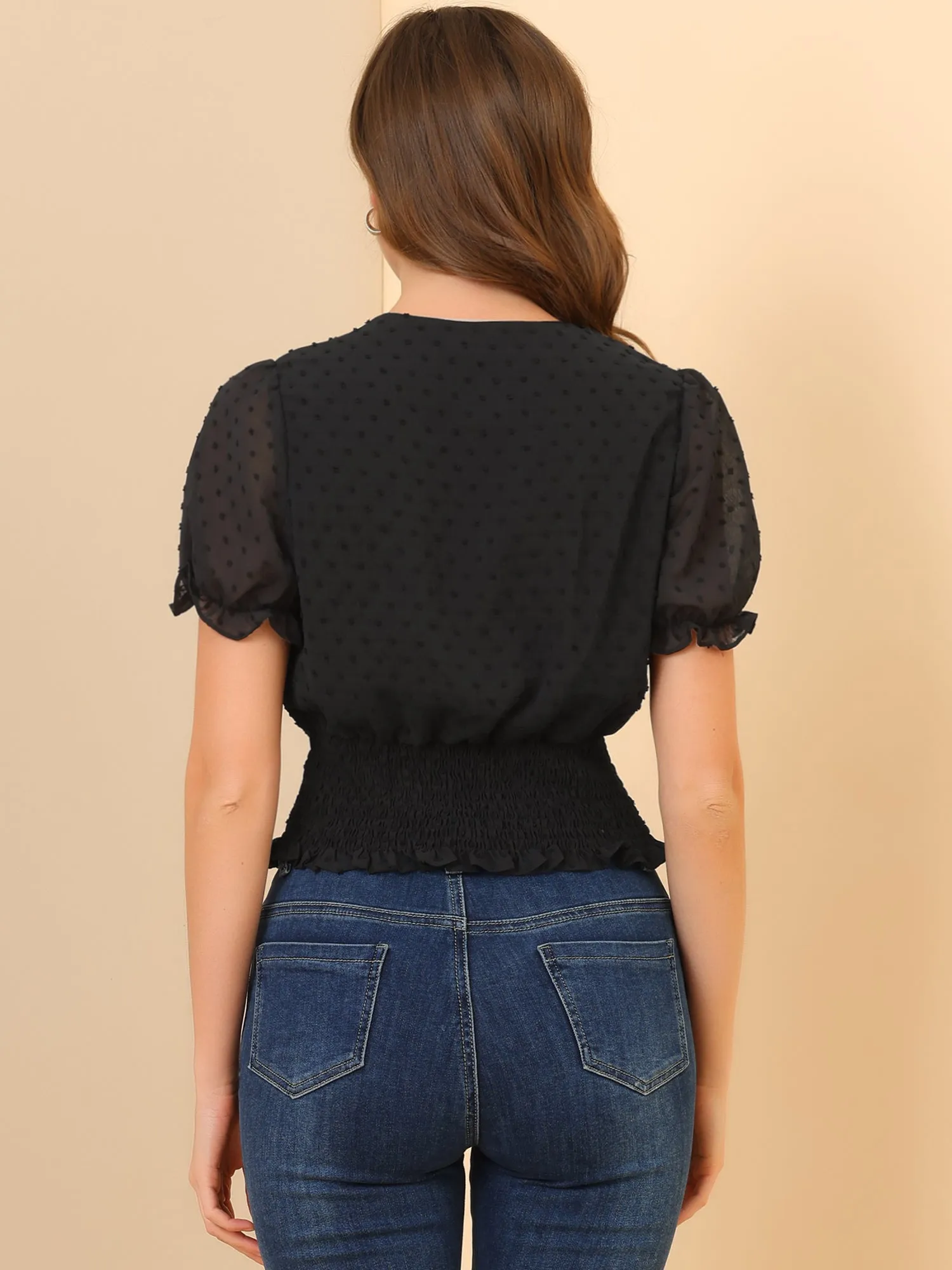 V Neck Short Puff Sleeve Swiss Dots Smocked Waist Summer Tops sold by Allegra K product image thumbnail 5