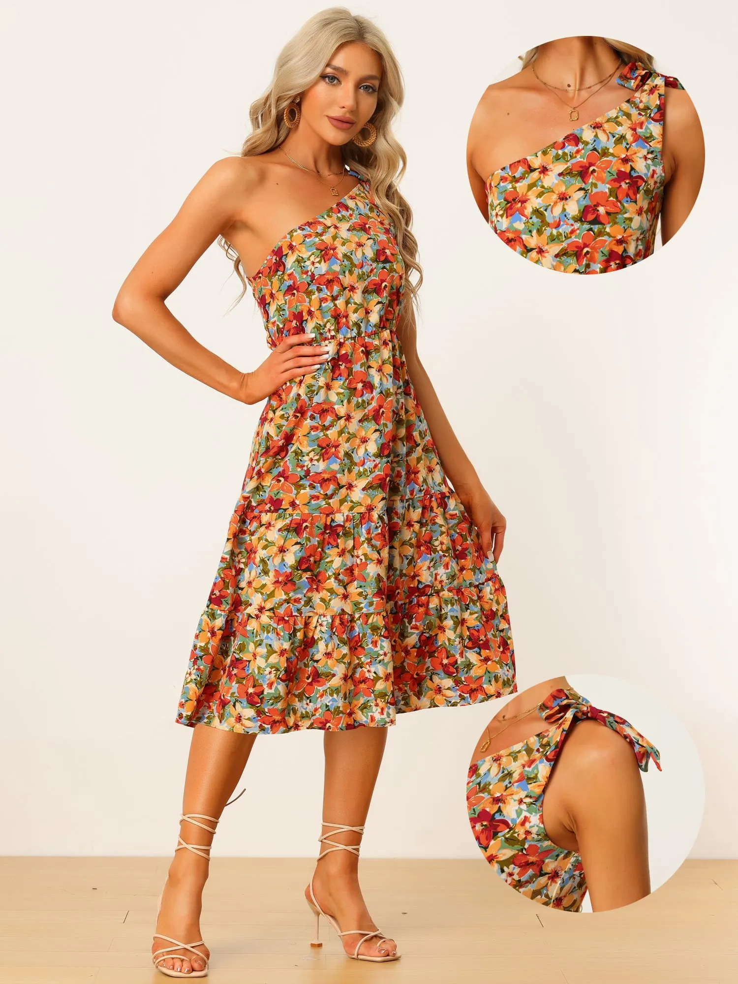 One Shoulder Summer Sleeveless Tiered Boho Floral Midi Dress Sundress sold by Allegra K product image thumbnail 2