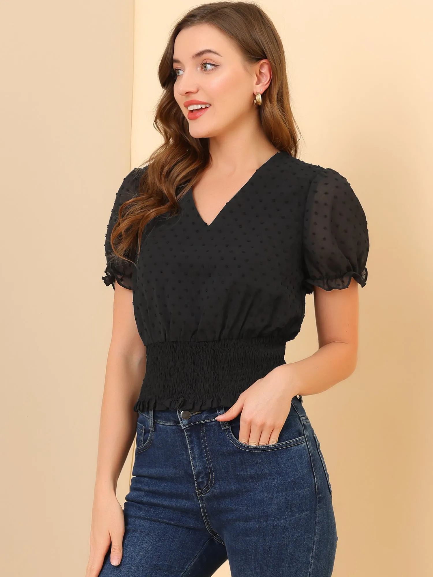 V Neck Short Puff Sleeve Swiss Dots Smocked Waist Summer Tops sold by Allegra K product image thumbnail 2