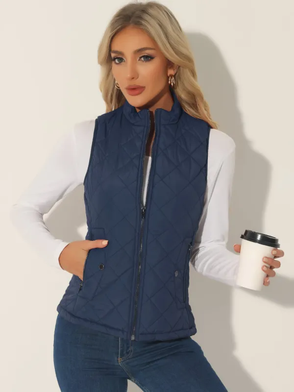 Stand Collar Lightweight Gilet Quilted Zipper Vest sold by Allegra K